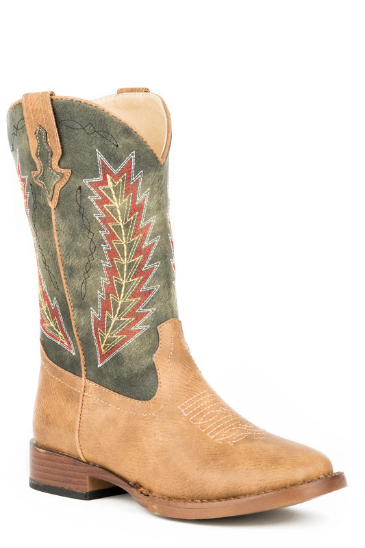 Ropers Boots Little Boys Tan & Green Shaft Arrow Embroidery