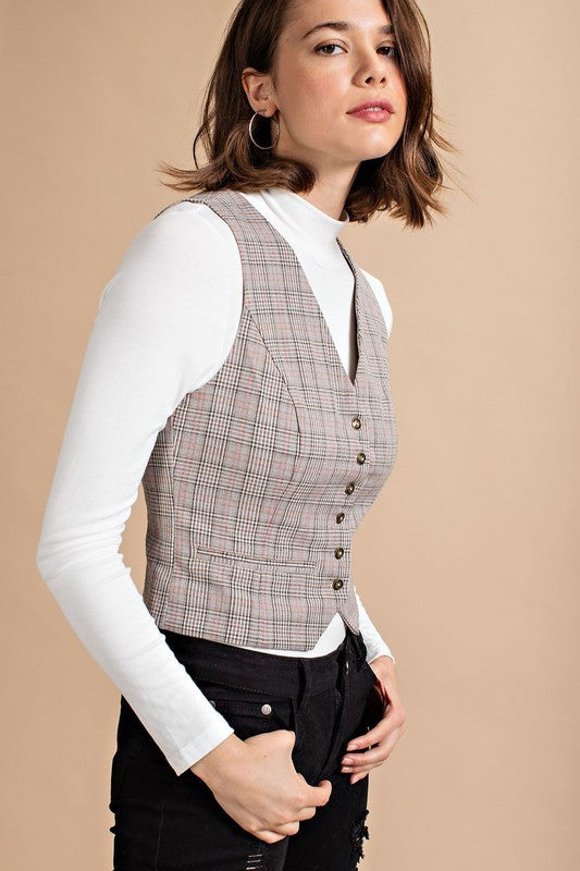 Grey Combo Plaid Button Down Vest