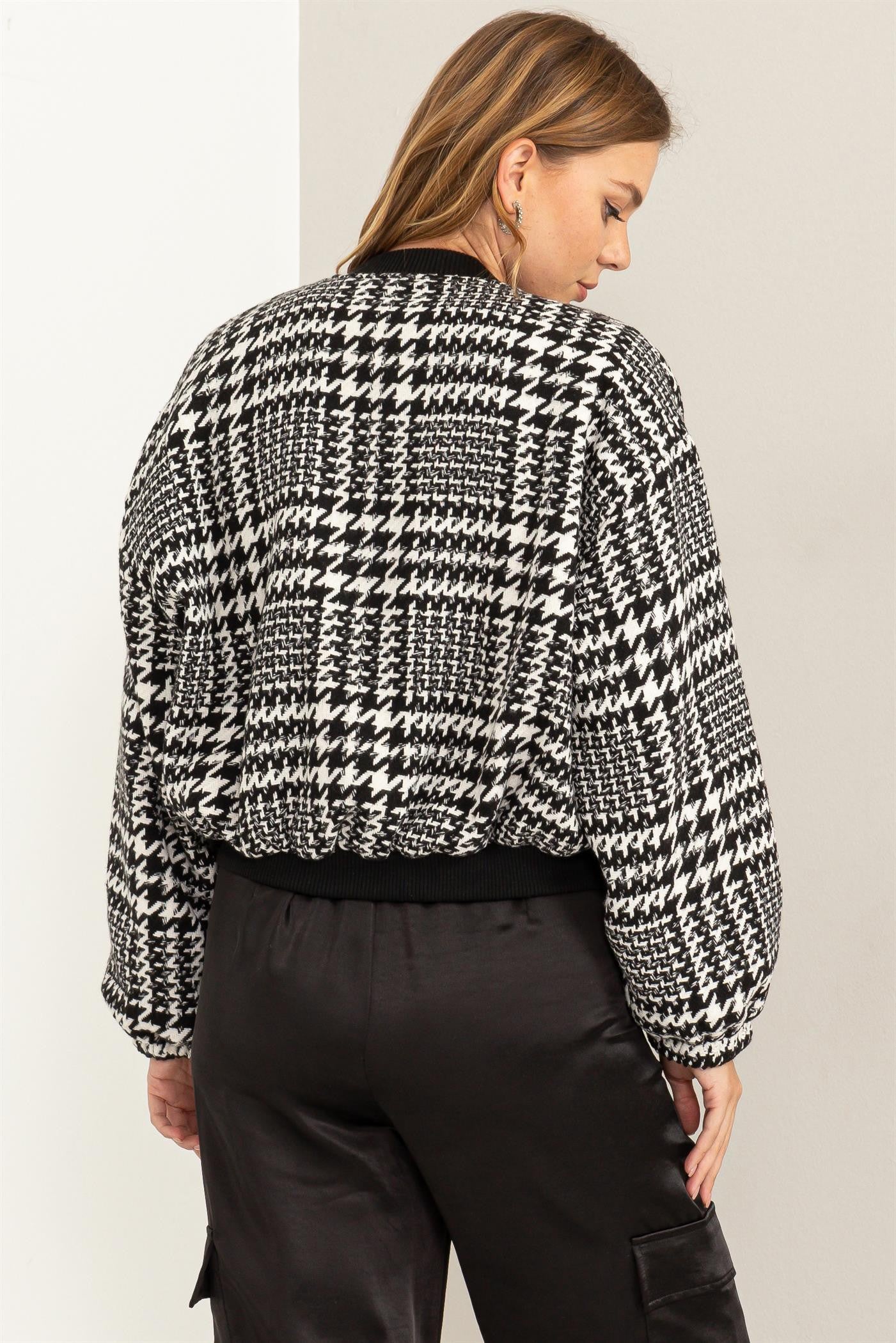 Kylan (Houndstooth Balloon Sleeve Bomber Jacket)