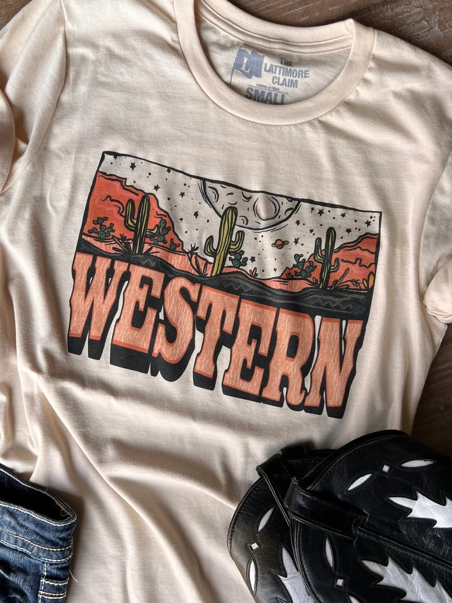 Western Moon Scene Graphic T-Shirt - Cream