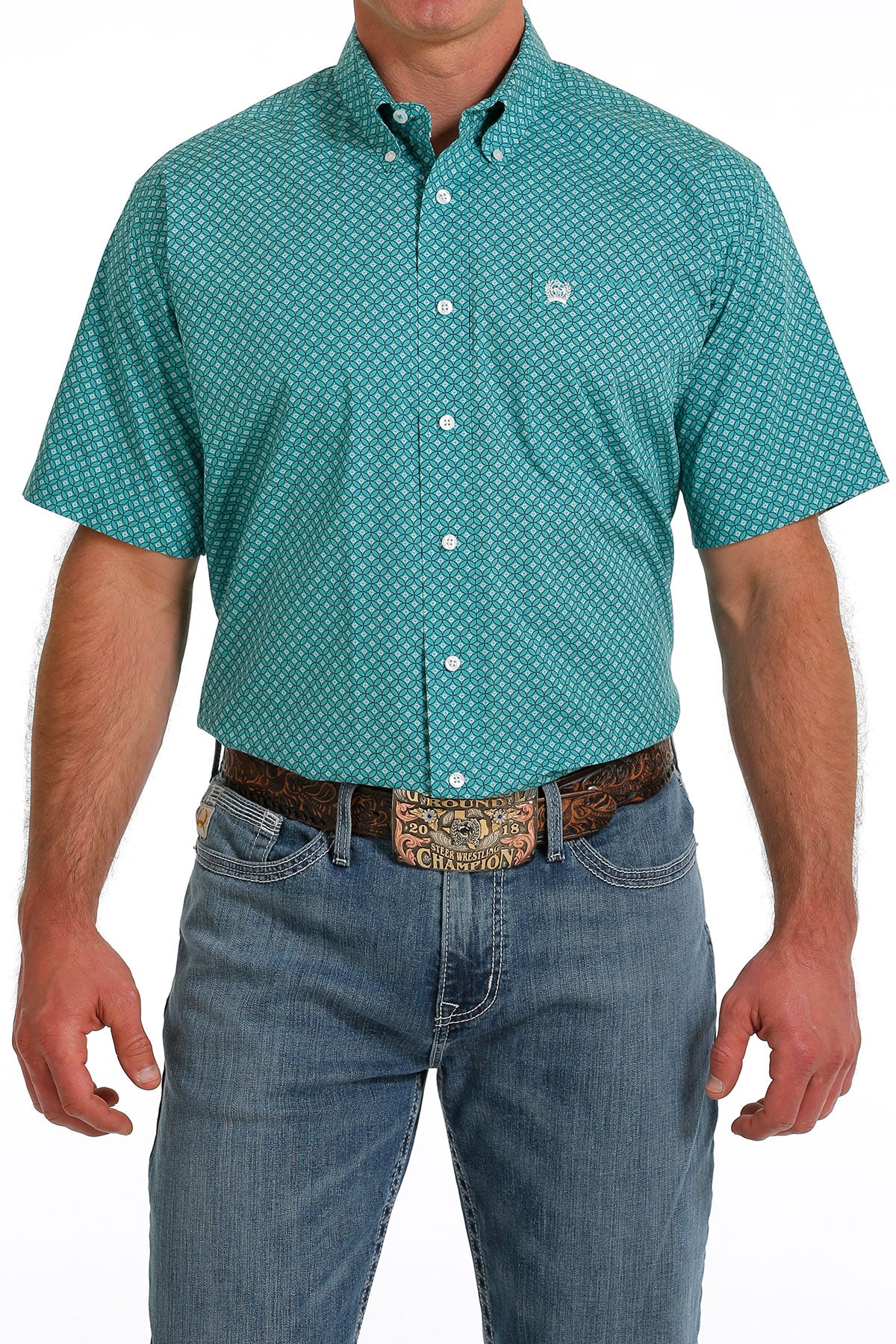 Cinch Men's Medallion Print Button-Down Western Short Sleeve Shirt - Turquoise /White