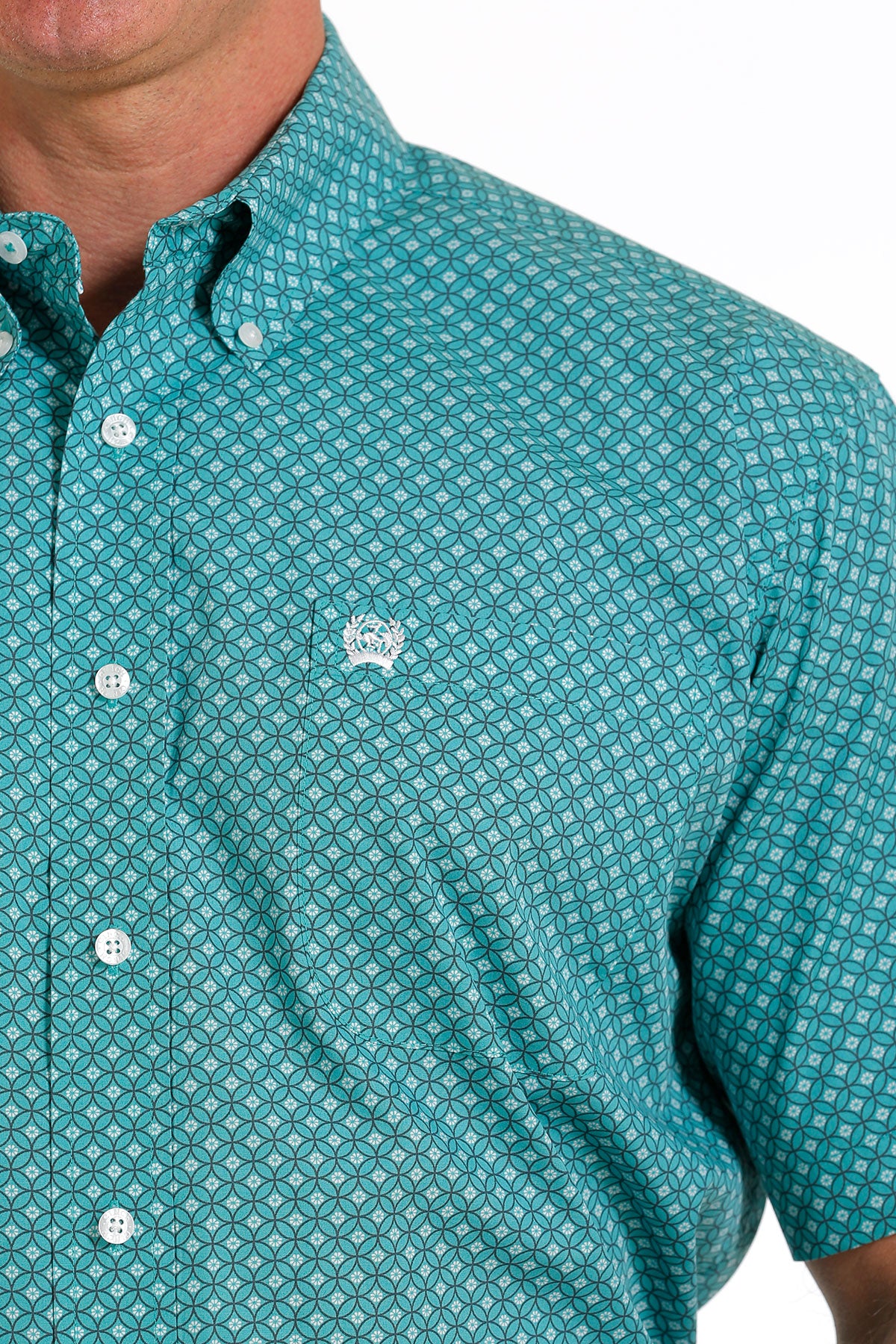 Cinch Men's Medallion Print Button-Down Western Short Sleeve Shirt - Turquoise /White
