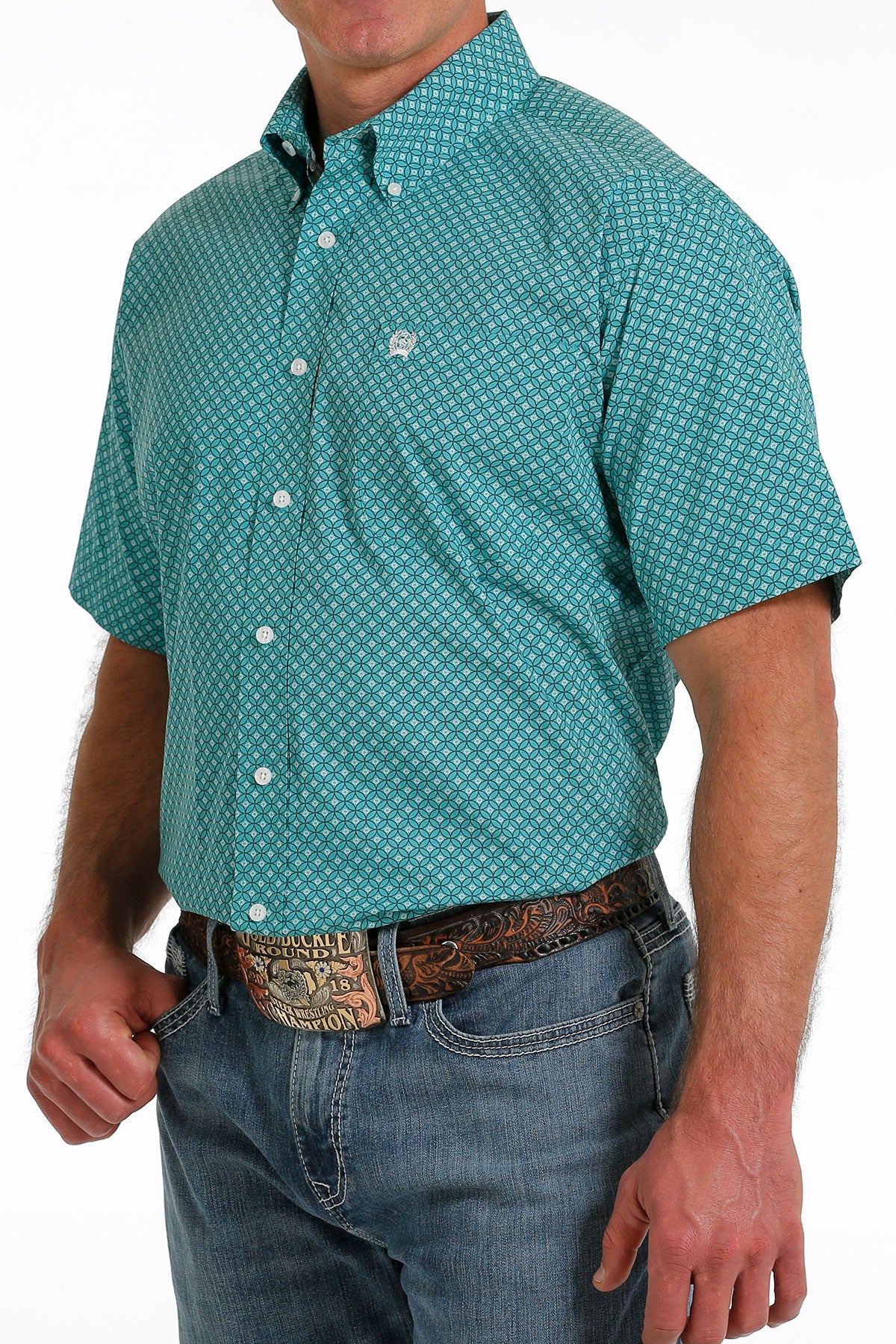 Cinch Men's Medallion Print Button-Down Western Short Sleeve Shirt - Turquoise /White