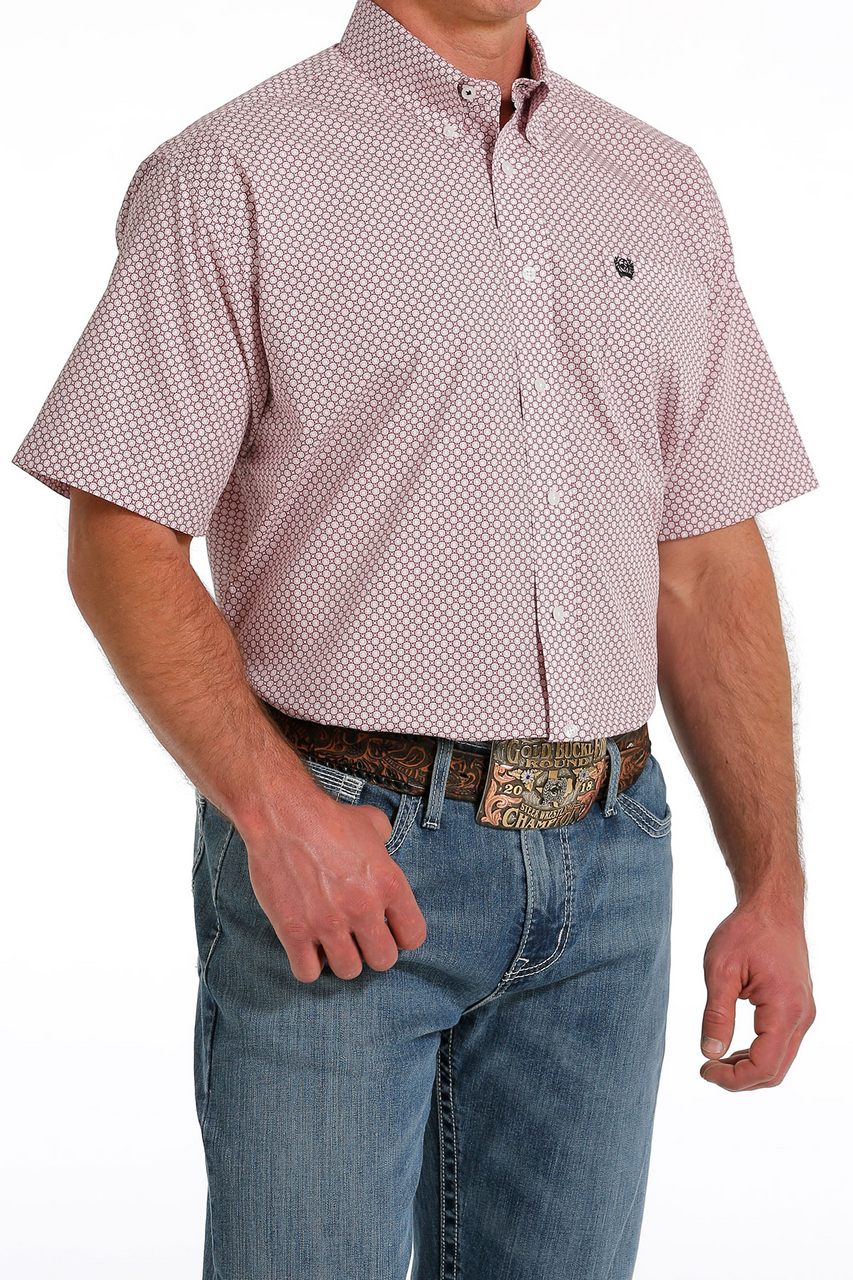 Cinch Mens Pink Weave Button-Down Short Sleeve Shirt - MTW111439