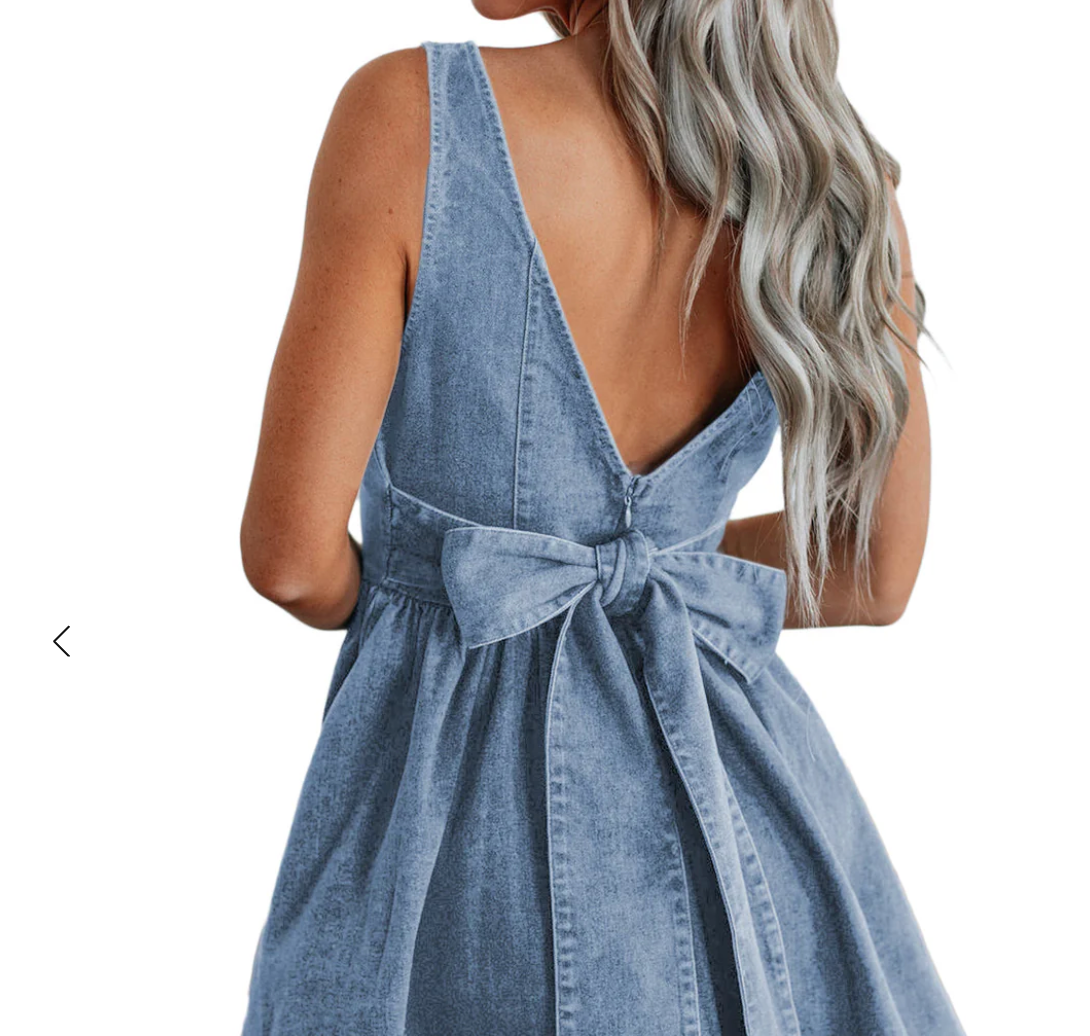 Denim Square Neck Bow Tie A Line Mini Dress