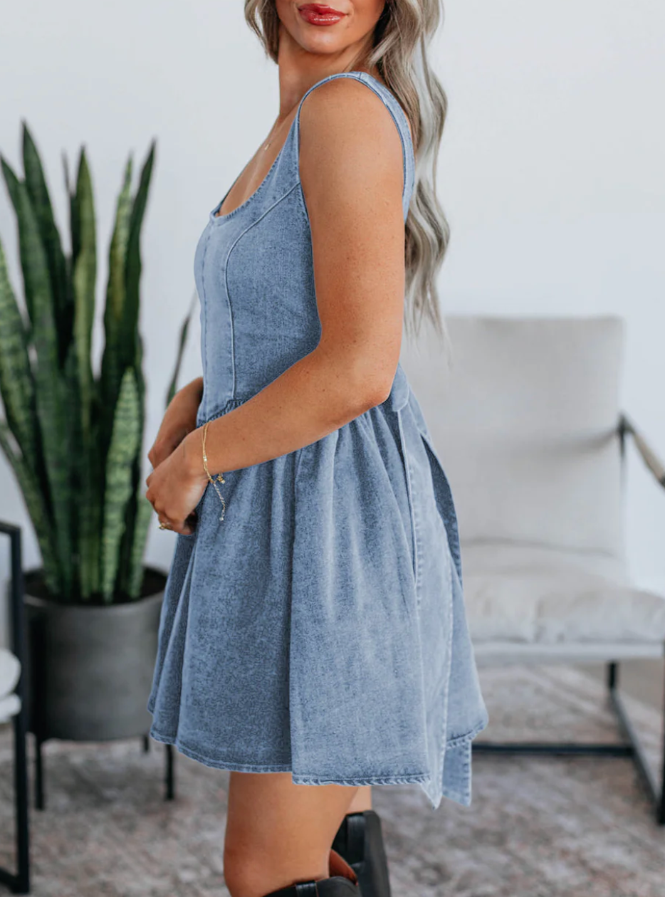 Denim Square Neck Bow Tie A Line Mini Dress