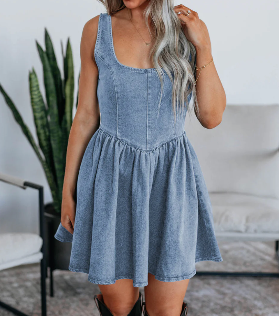 Denim Square Neck Bow Tie A Line Mini Dress