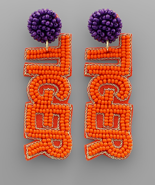 Orange & Purple Beaded Tiger Stud Earrings