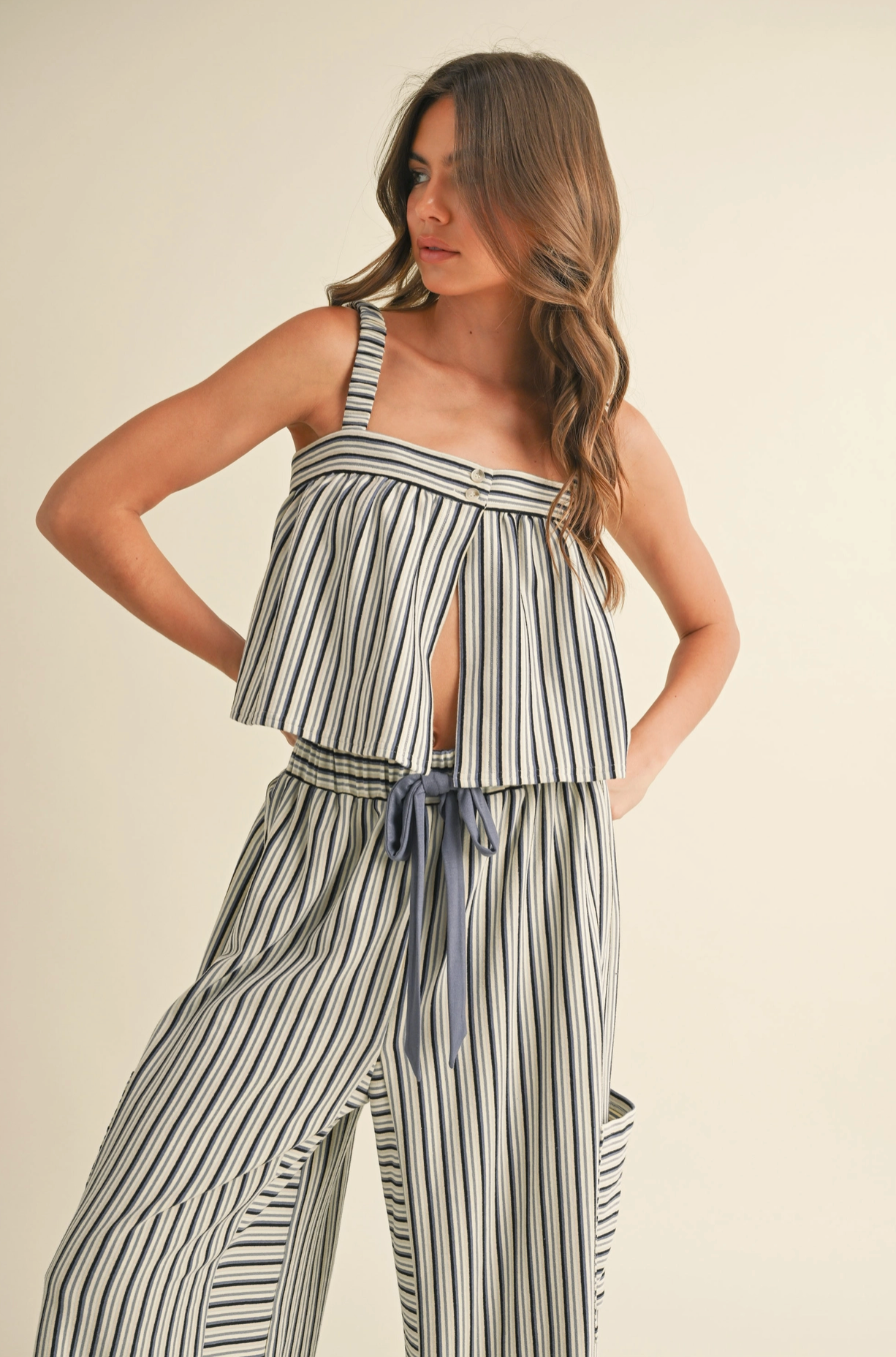 Blue & White Cami Top & Cropped Pant Set