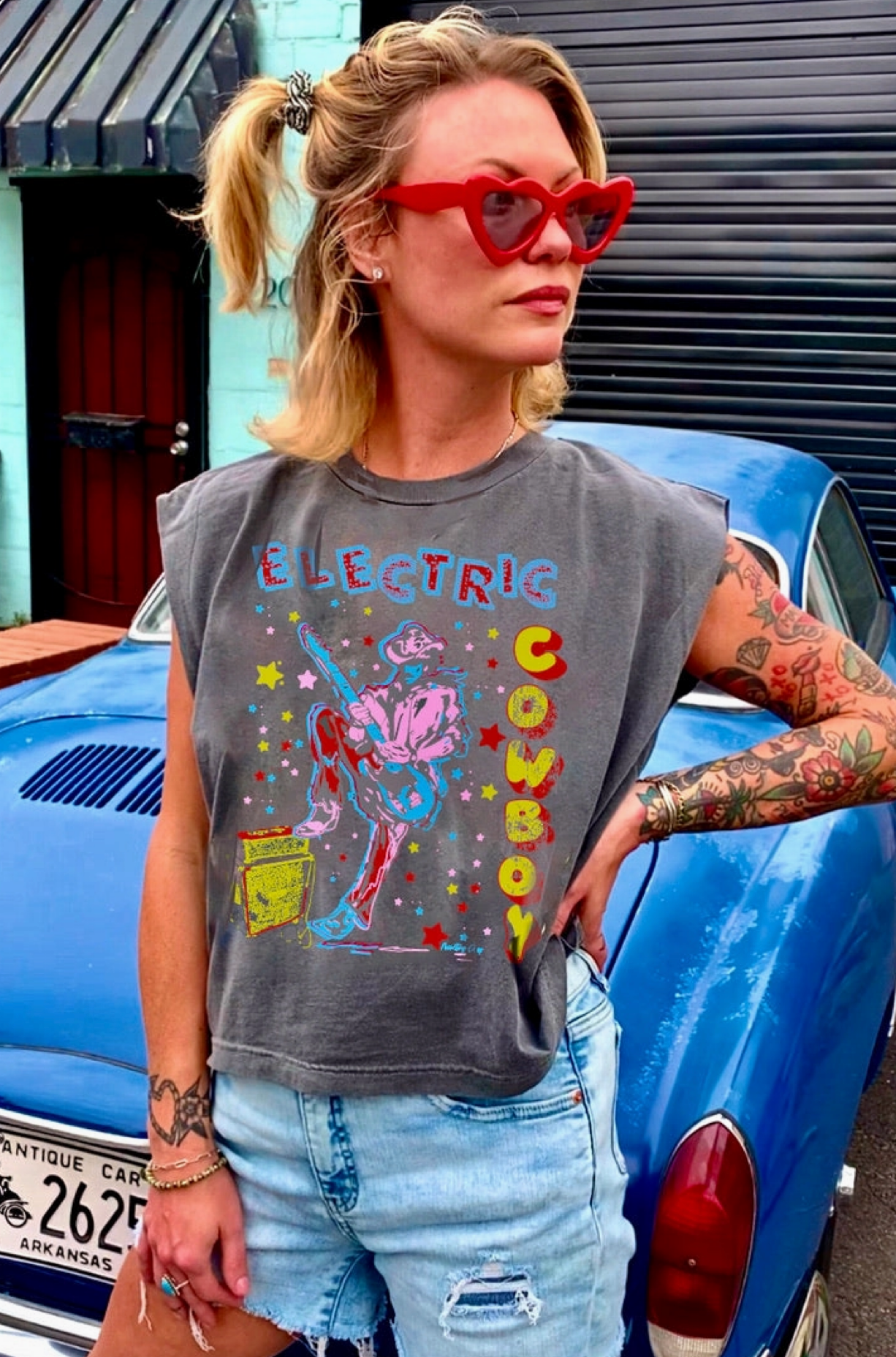 Electric Cowboy Midriff Boxy Muscle Crop Top