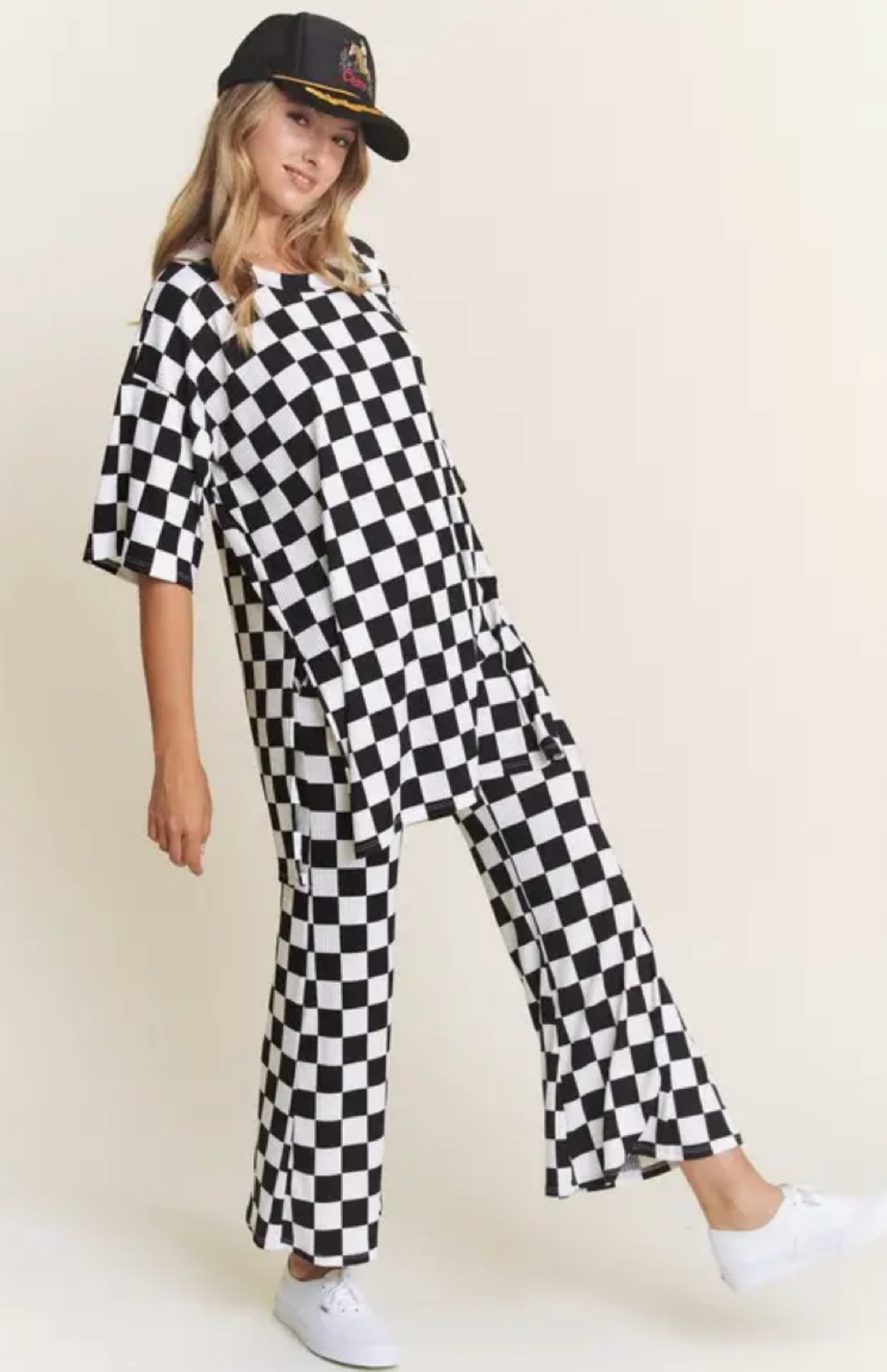 Ribbed Checkered Print Top/Straight Leg Pants Set