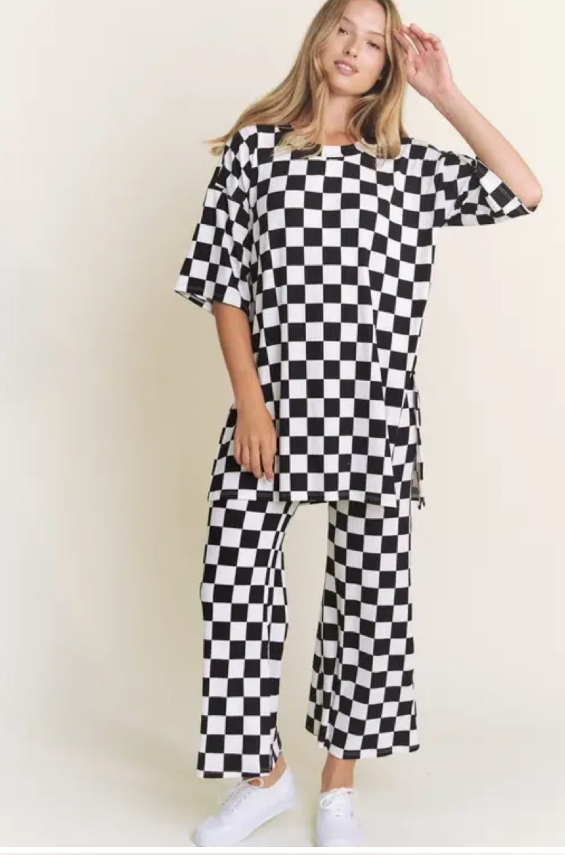 Ribbed Checkered Print Top/Straight Leg Pants Set