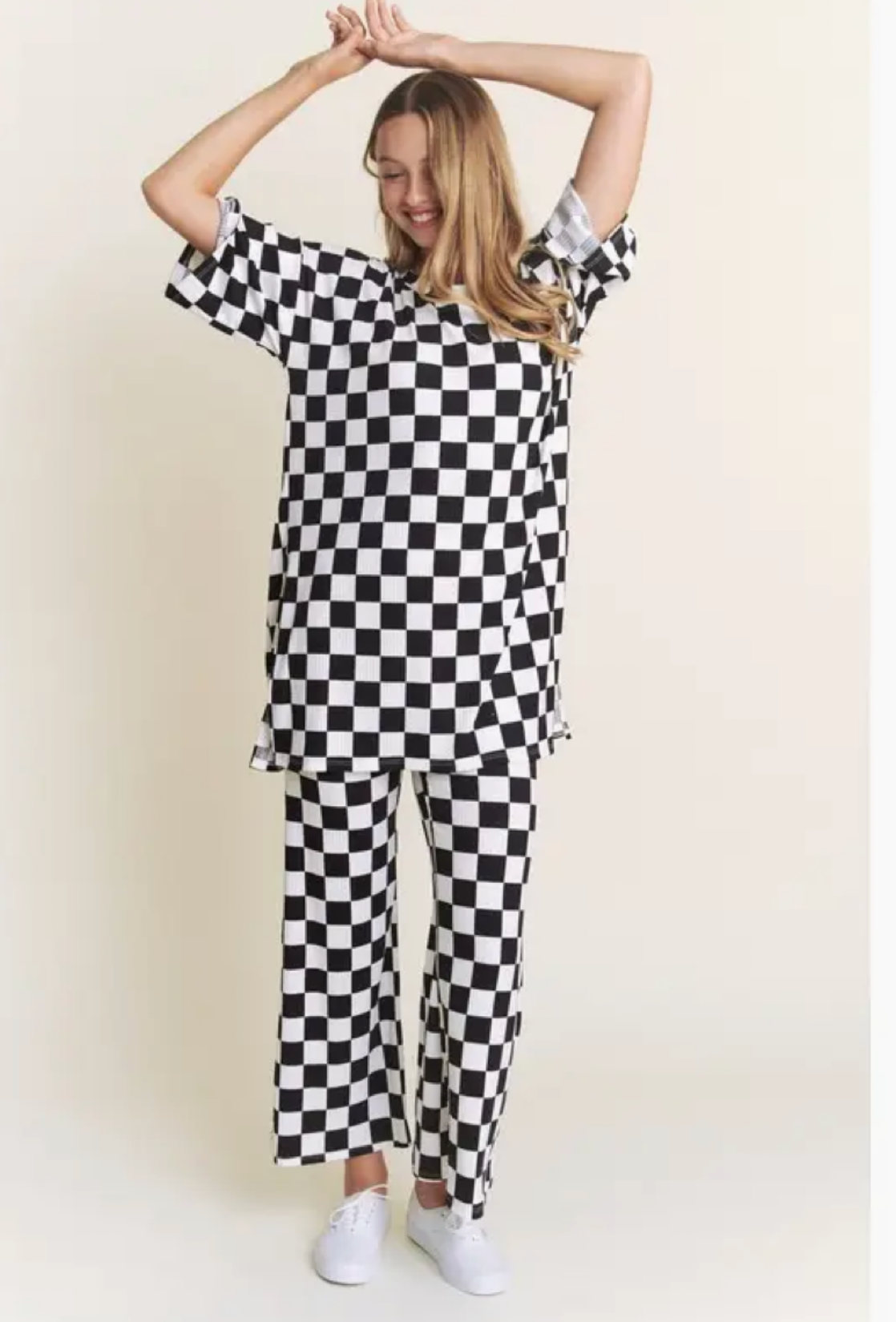 Ribbed Checkered Print Top/Straight Leg Pants Set