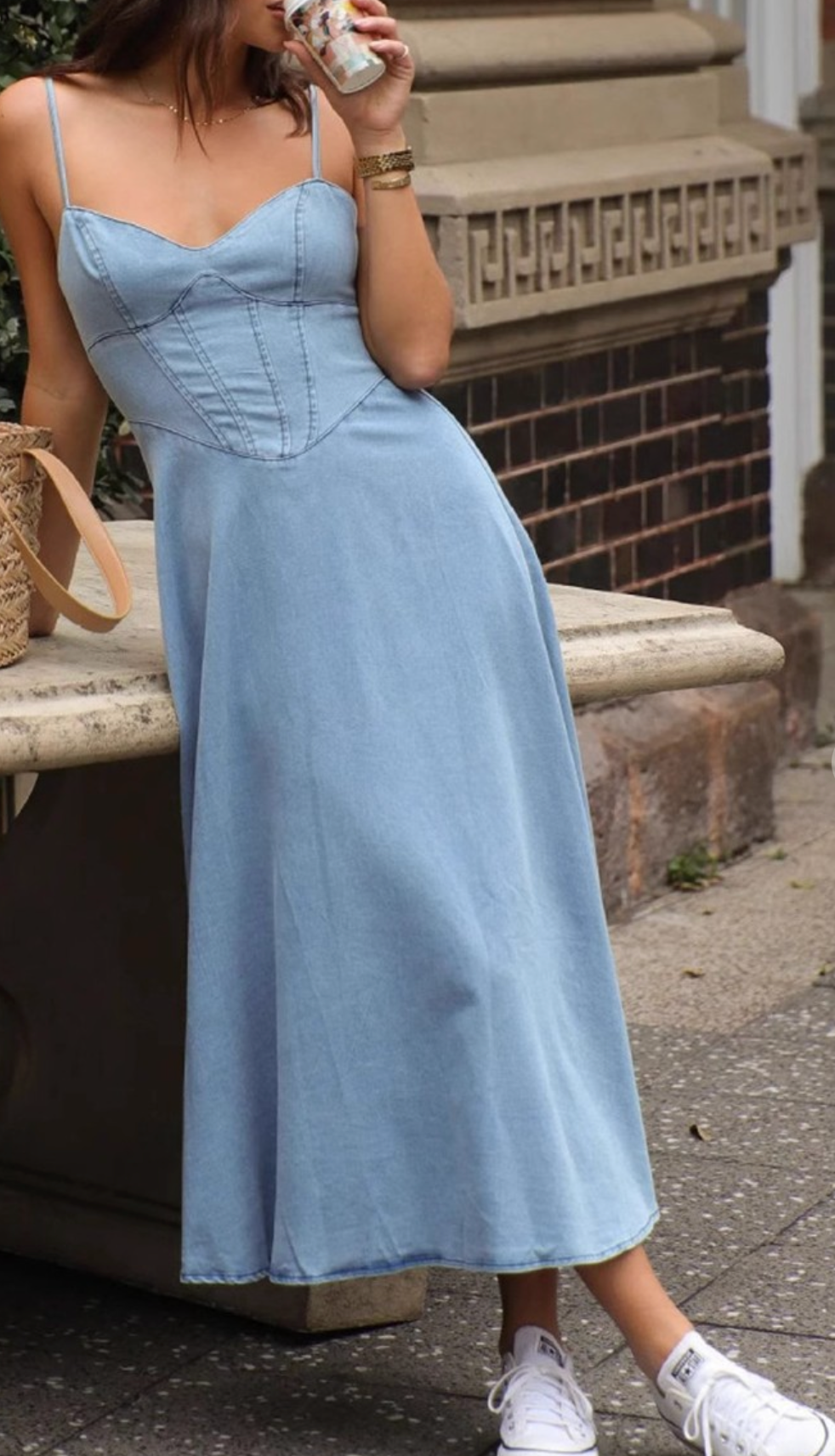 V-neck denim maxi