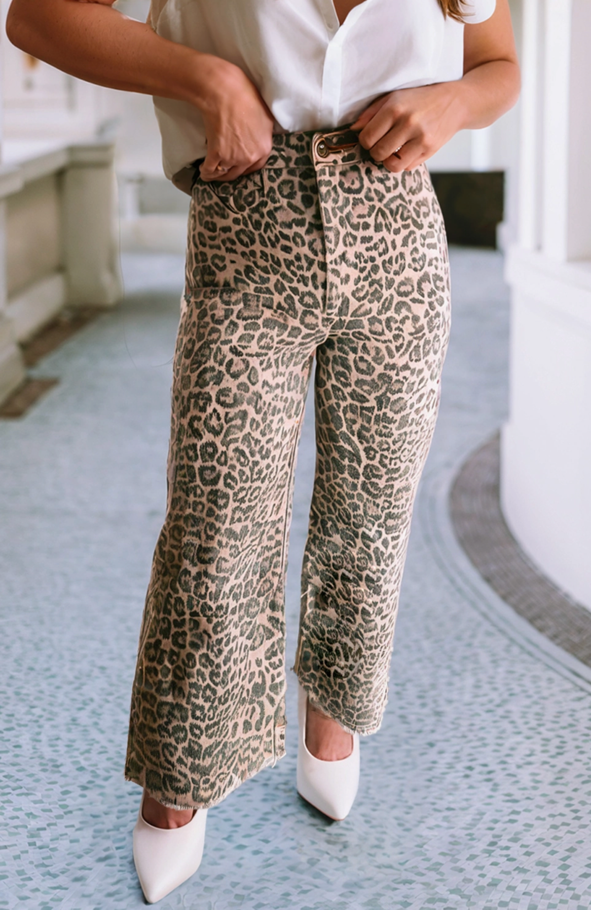 Leopard Frayed Edge Wide Leg High Waist Jeans