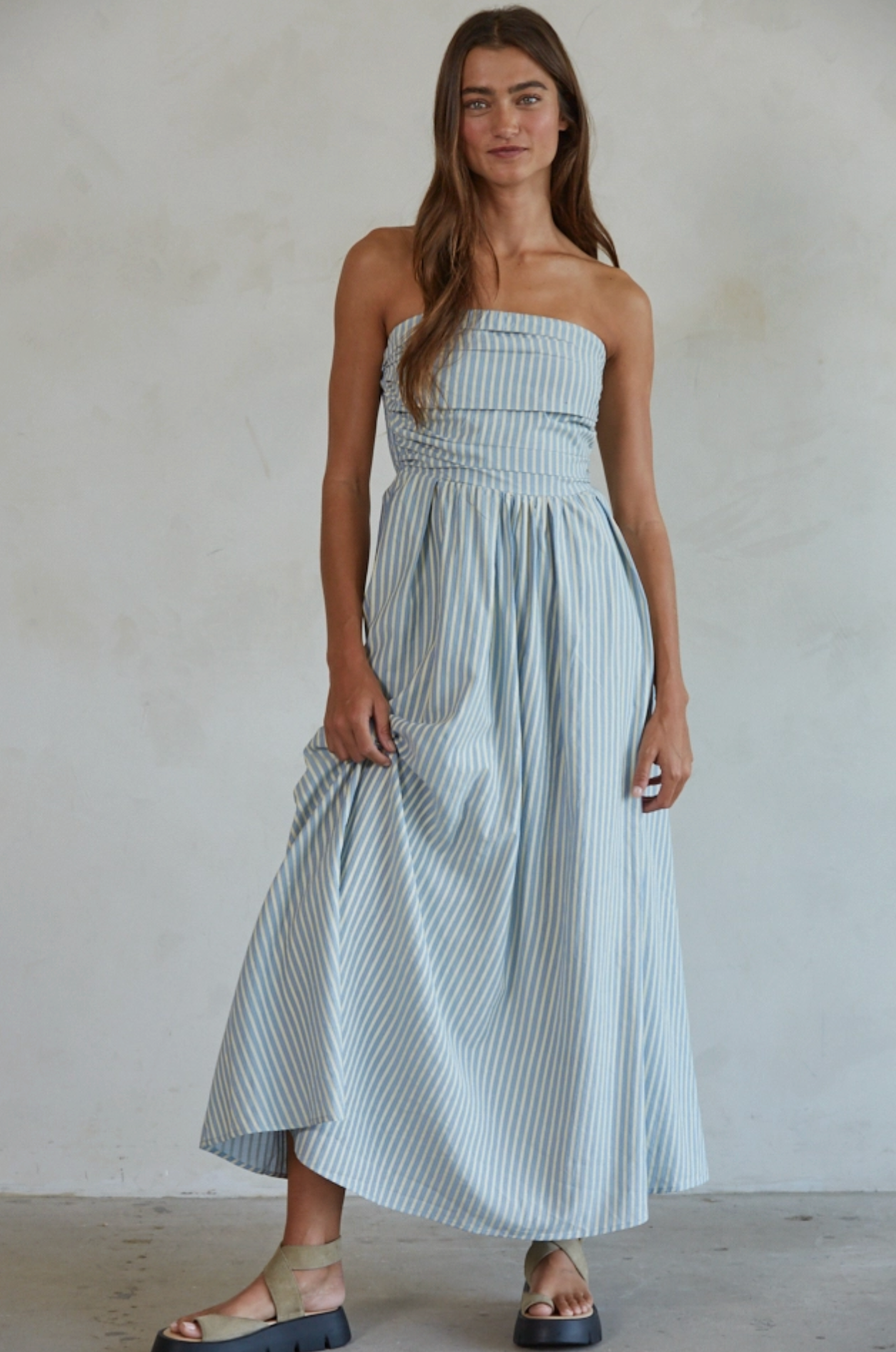 Dusty Blue Striped Tube Neck Strapless Flare Maxi Dress