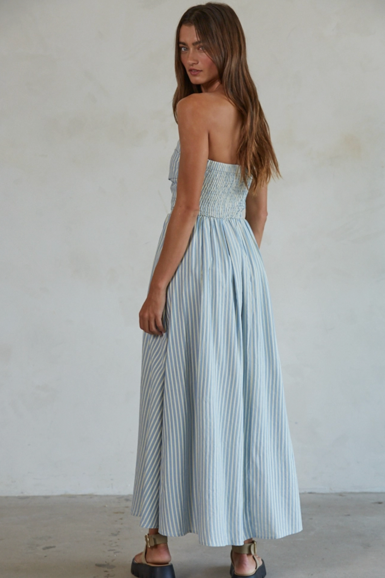 Dusty Blue Striped Tube Neck Strapless Flare Maxi Dress