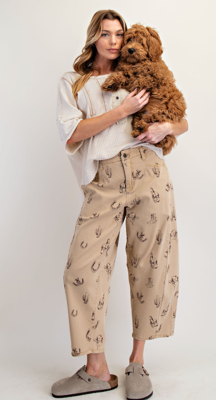 Western Printed Washed Twill Barrel Pants,