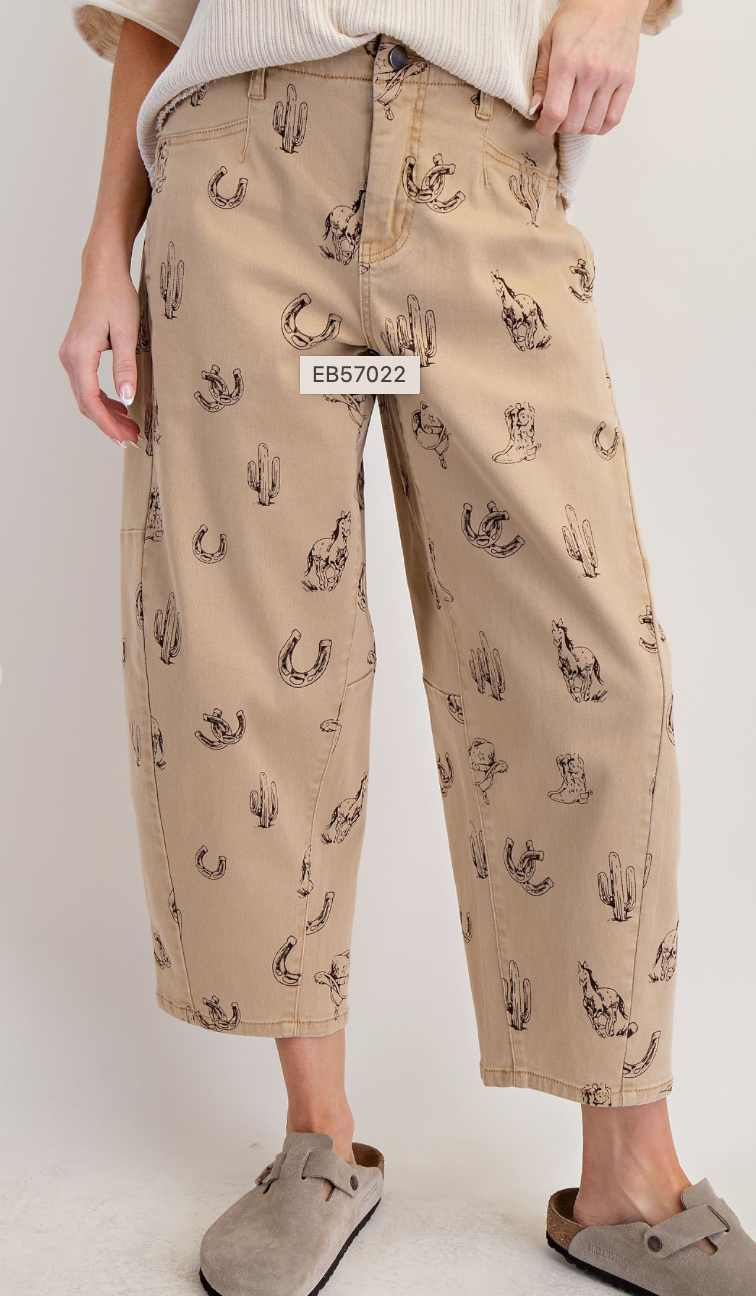 Western Printed Washed Twill Barrel Pants,