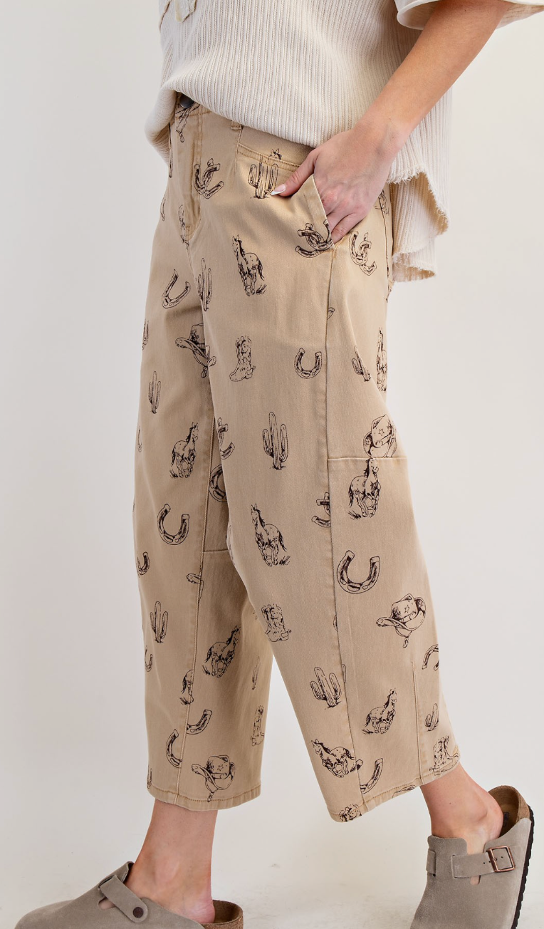 Western Printed Washed Twill Barrel Pants,