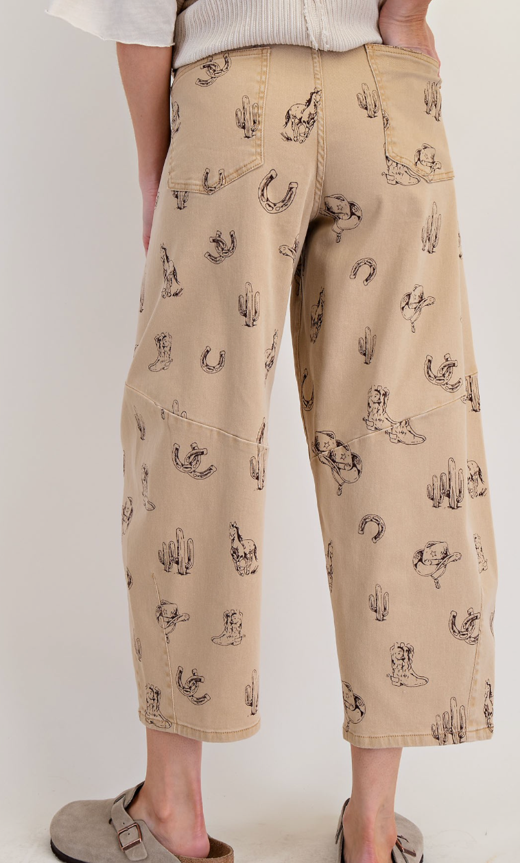 Western Printed Washed Twill Barrel Pants,