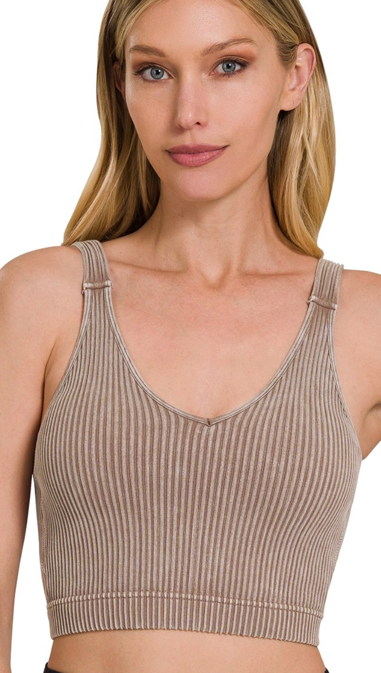 Washed Ribbed Cropped Seamless Bra Padded Tank Top
