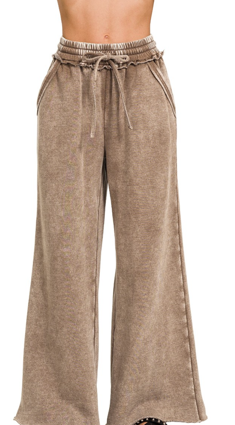 Acid Wash Fleece Palazzo Sweatpants With Pockets