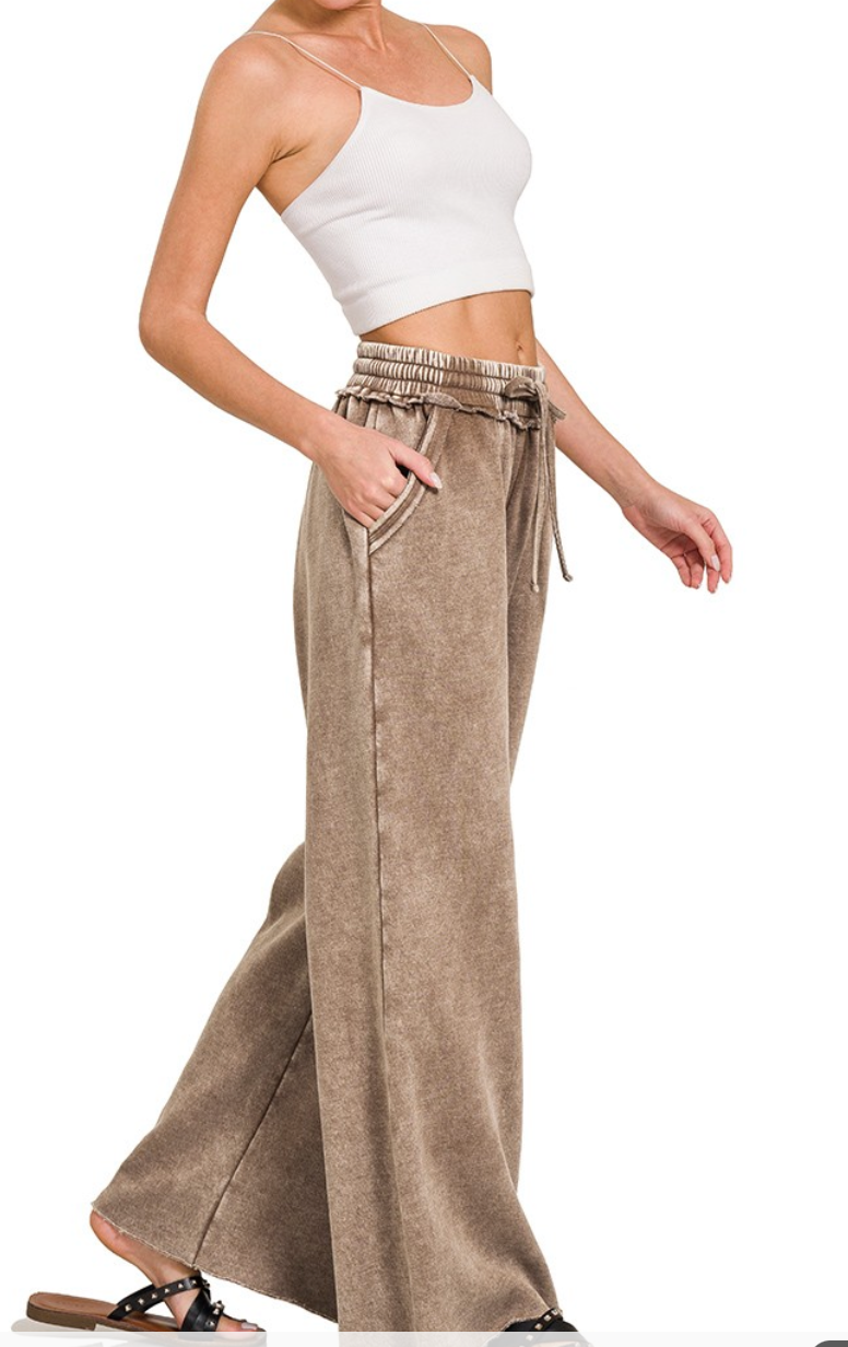 Acid Wash Fleece Palazzo Sweatpants With Pockets
