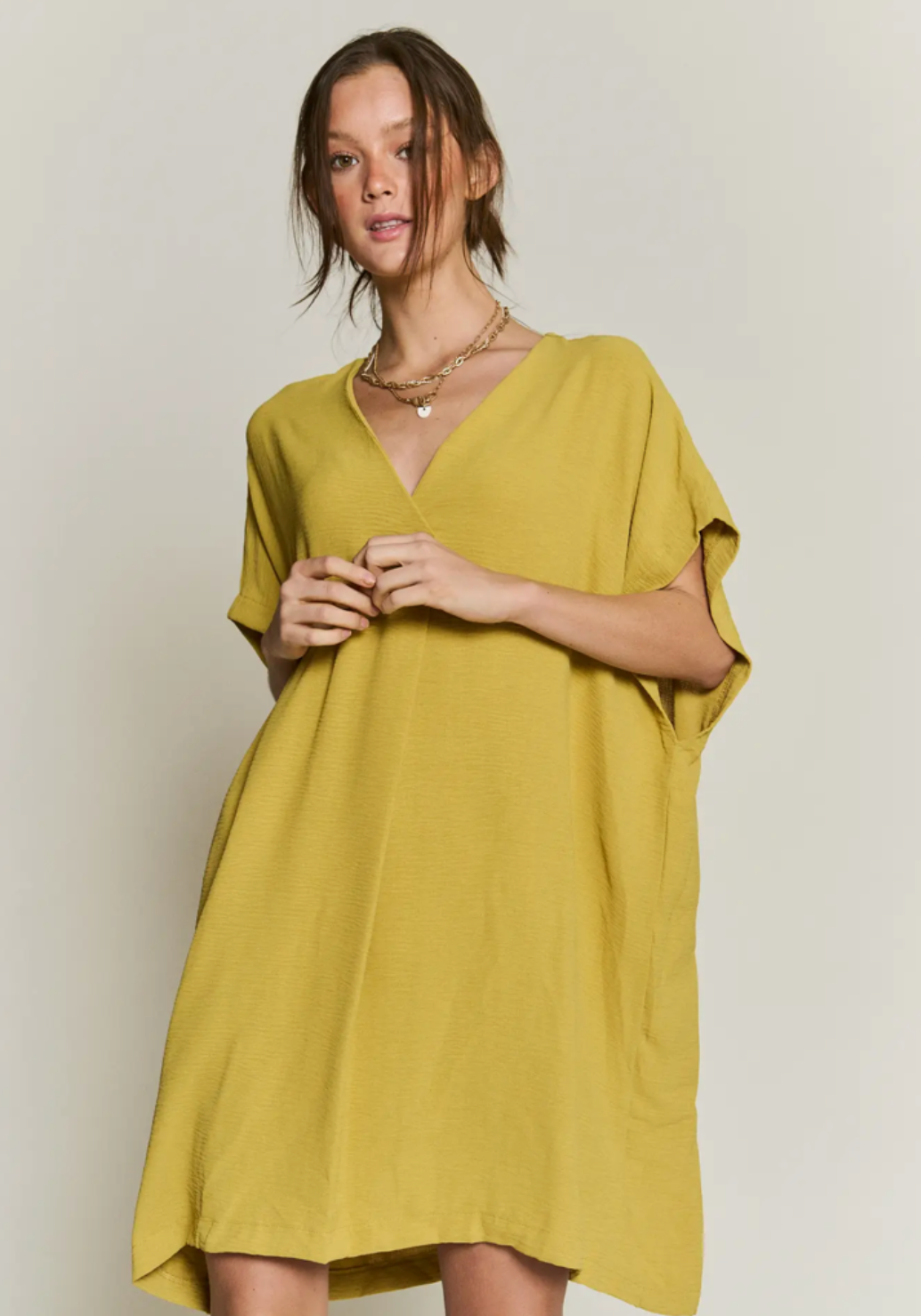 V Neck Bat Sleeve Dress- Mustard