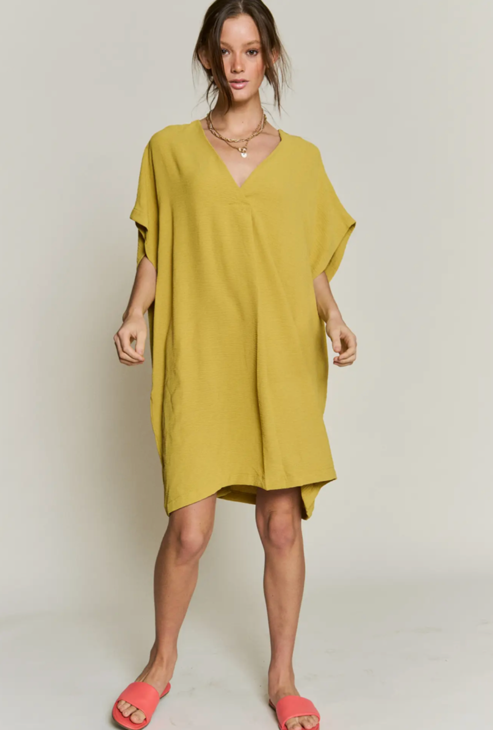 V Neck Bat Sleeve Dress- Mustard