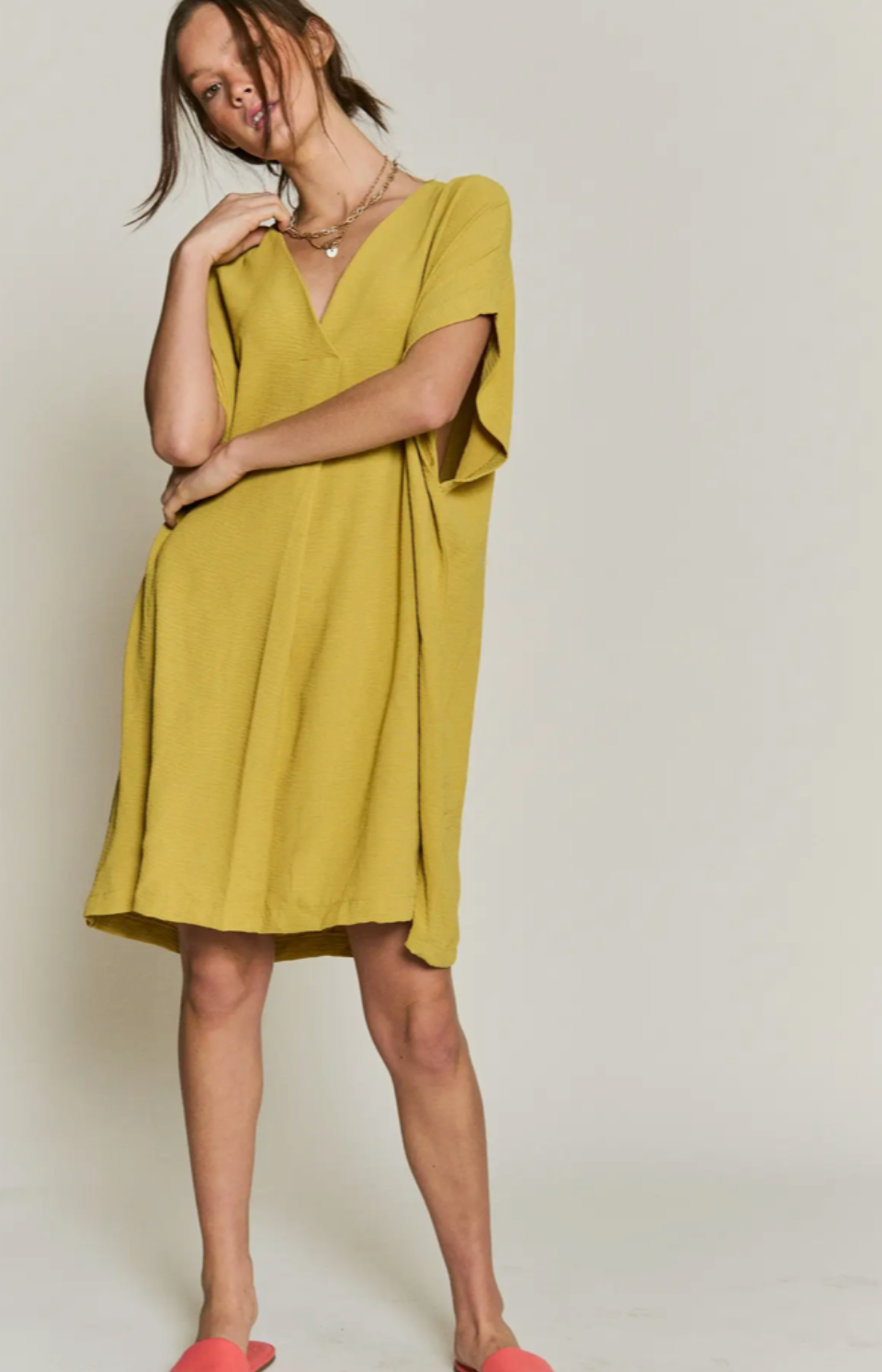 V Neck Bat Sleeve Dress- Mustard
