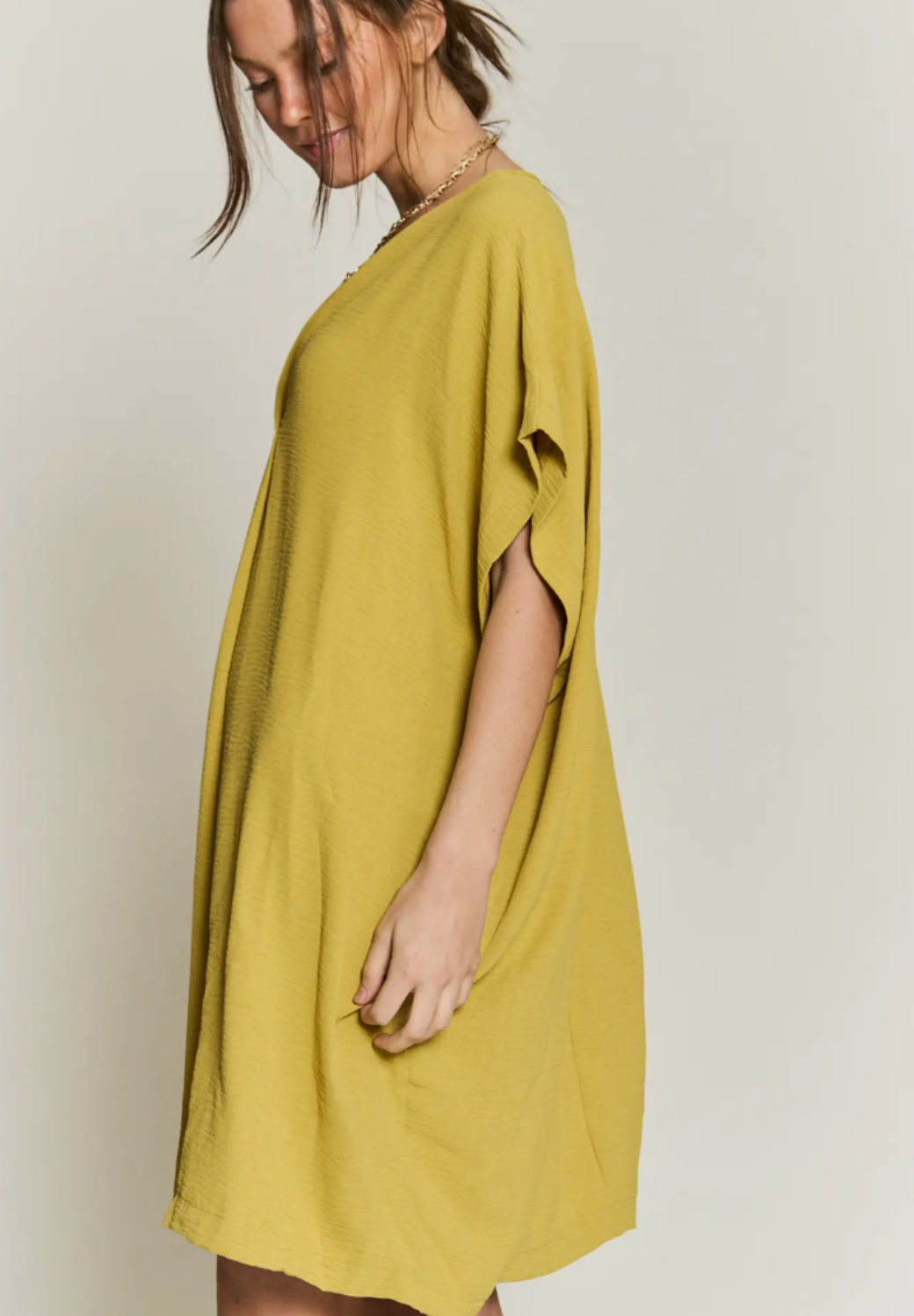 V Neck Bat Sleeve Dress- Mustard