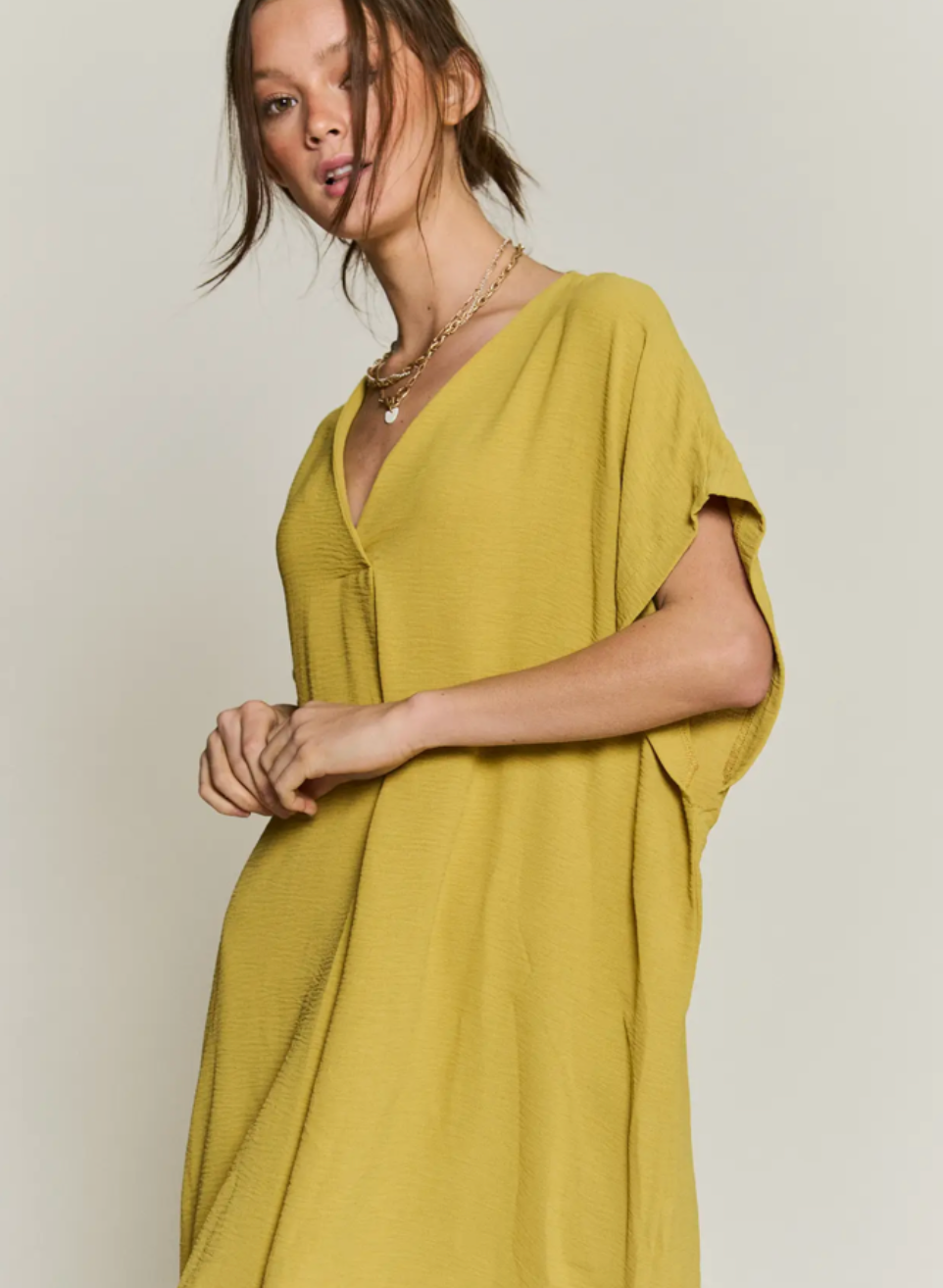 V Neck Bat Sleeve Dress- Mustard