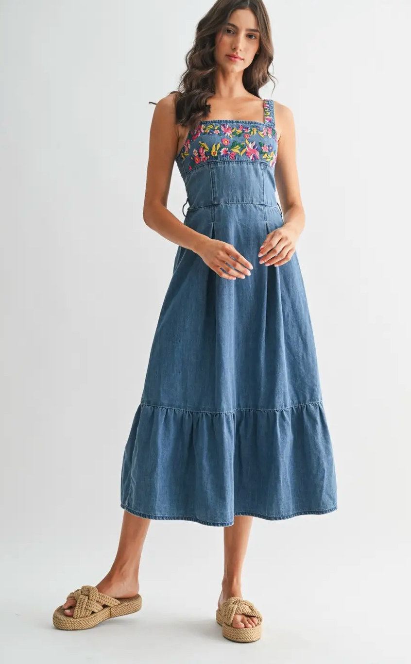 Floral Embroidered Denim Sundress