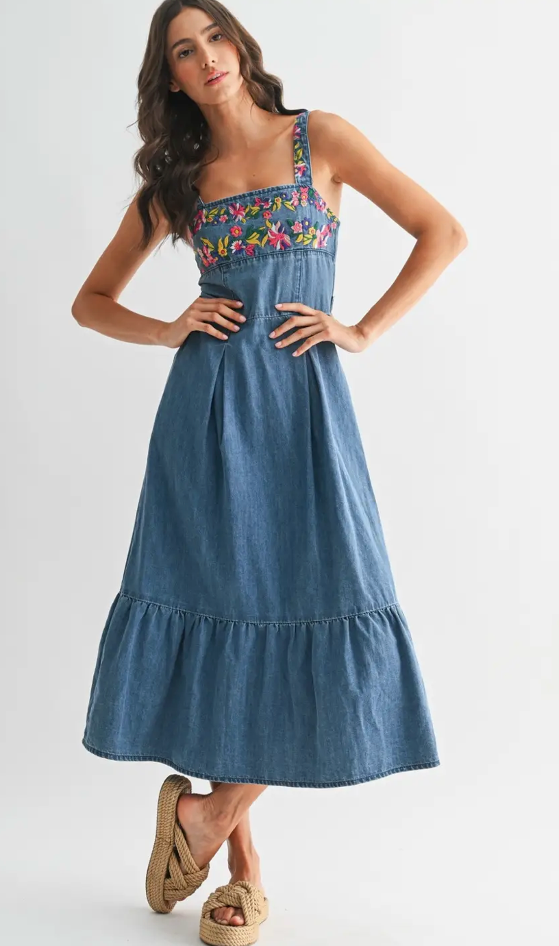 Floral Embroidered Denim Sundress