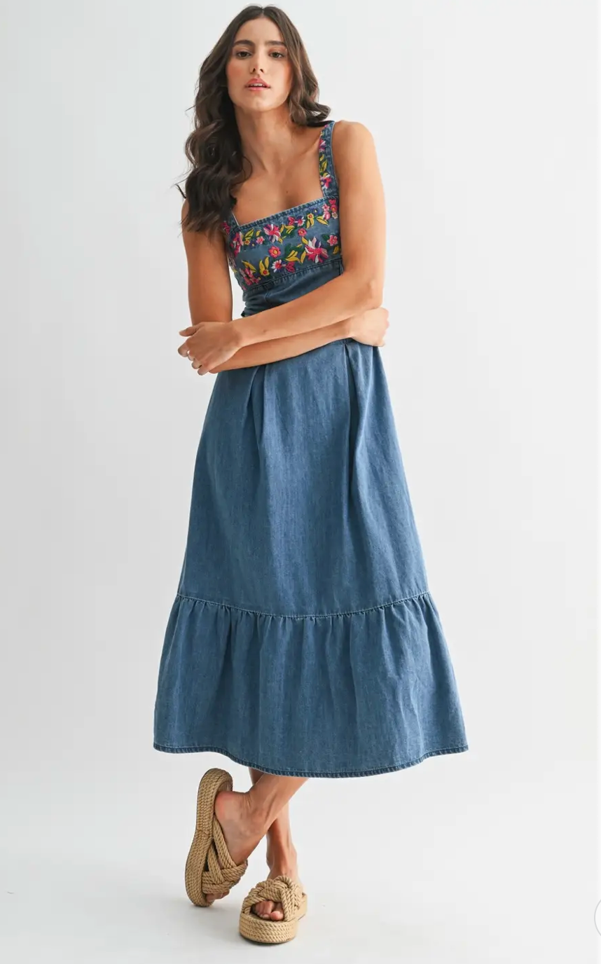Floral Embroidered Denim Sundress
