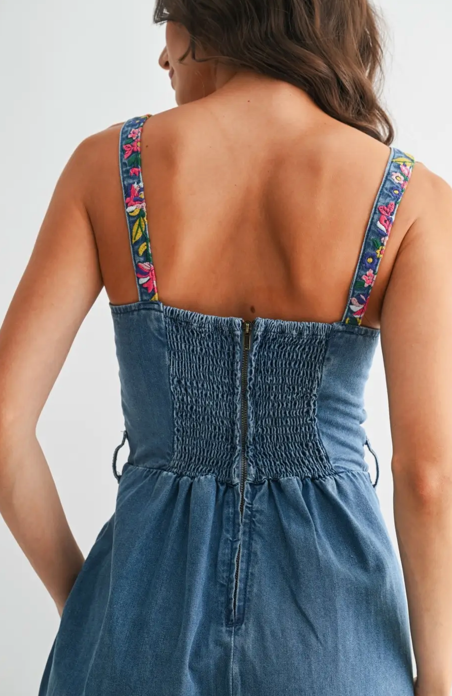 Floral Embroidered Denim Sundress