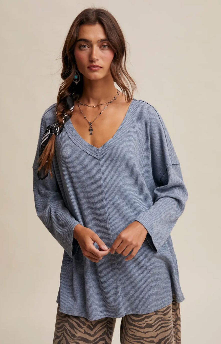 V-Neck Ribbed Knit Tunic Top