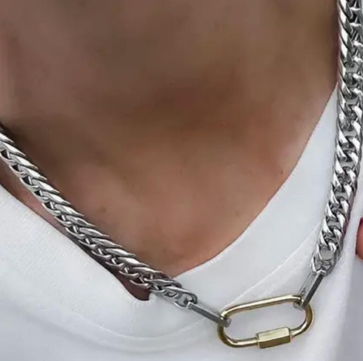 Carabiner Stainless Steel Necklace Two Tone-Opens