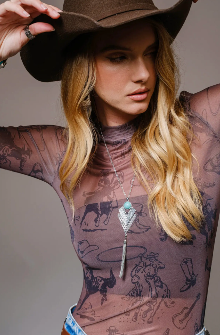 Cowgirl Print Mesh Mock Neck Top