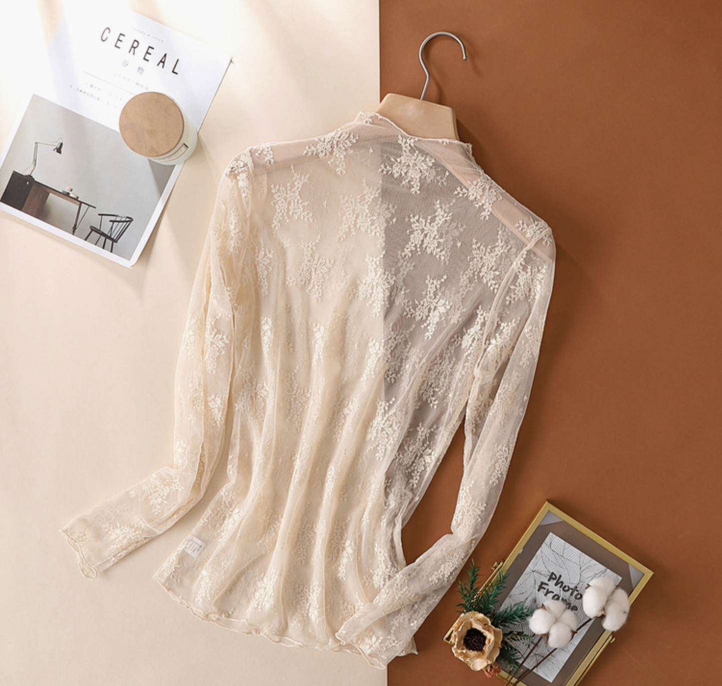 Semi Sheer Mesh Floral Lace Layering Top