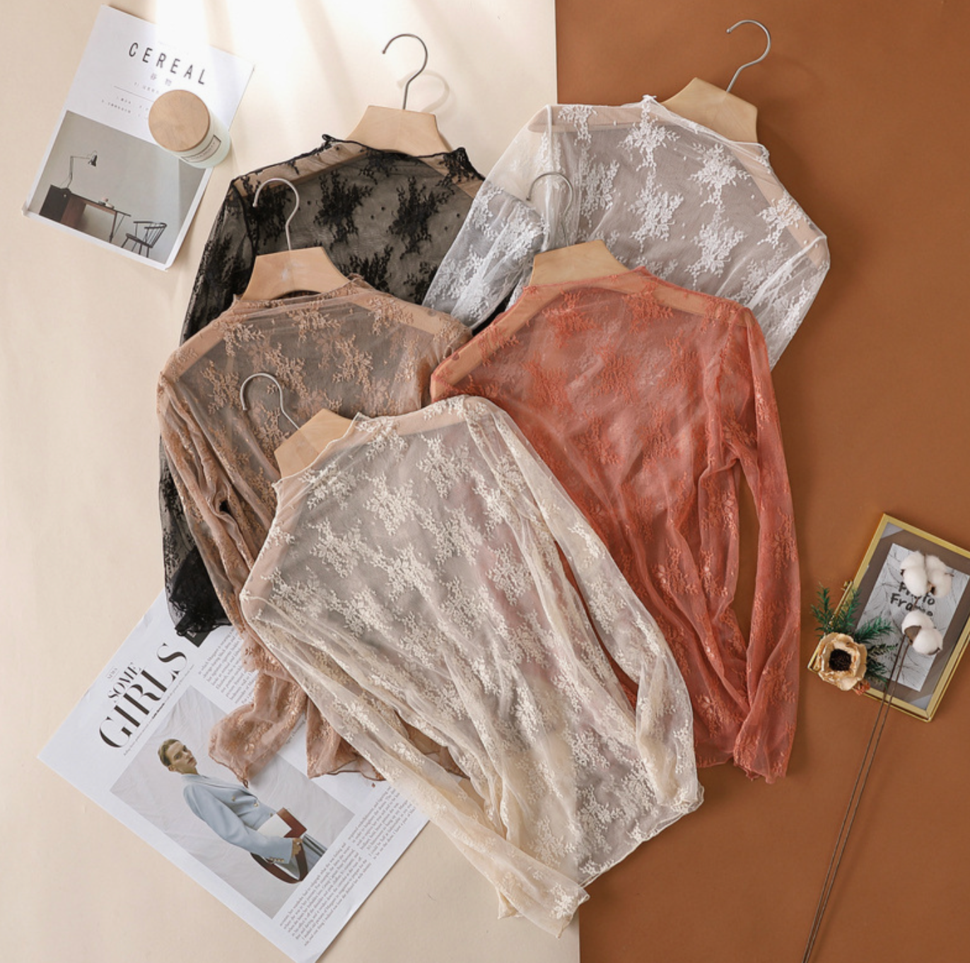 Semi Sheer Mesh Floral Lace Layering Top