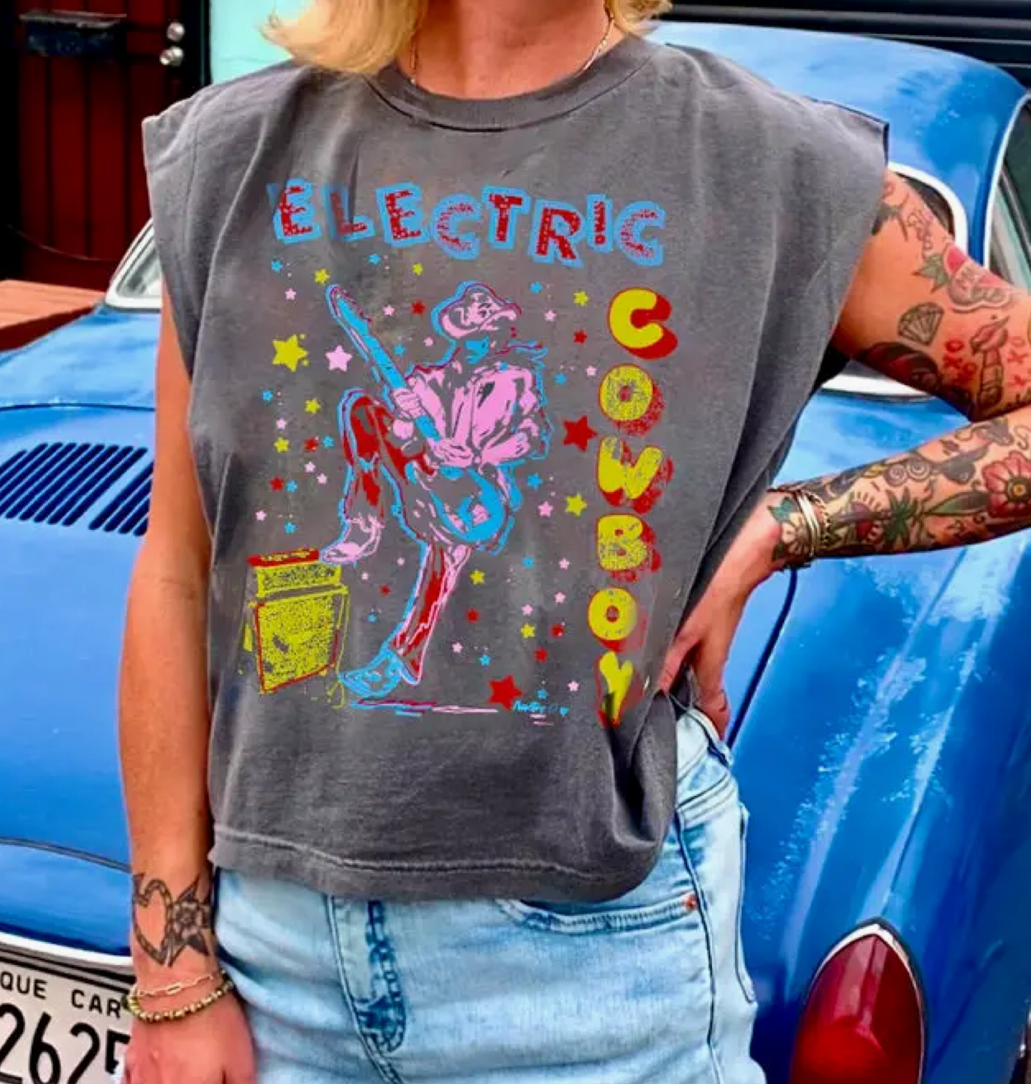 Electric Cowboy Midriff Boxy Muscle Crop Top