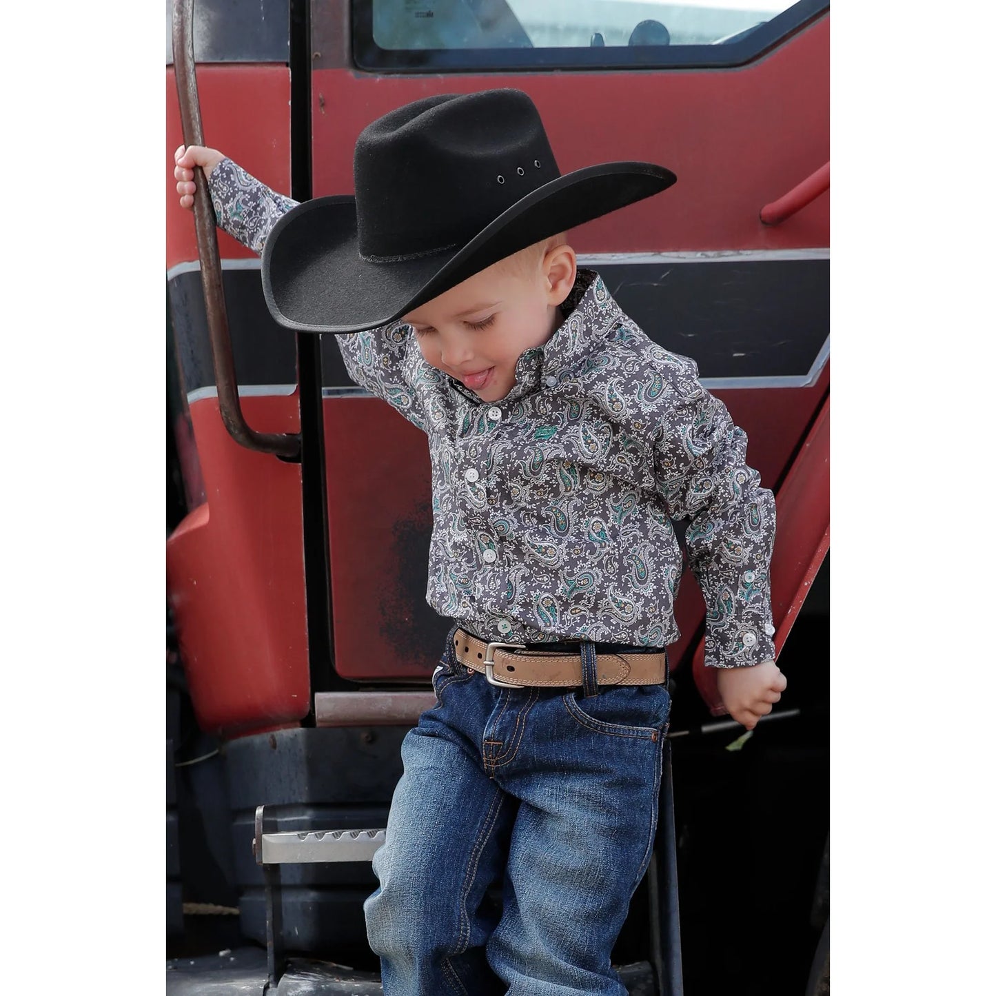 Cinch Boys Paisley Print Button Down Long Sleeve Shirt - Gray - MTW7060317