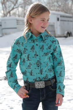GIRL'S WESTERN PRINT Button Down - TURQUOISE - CTW3220038