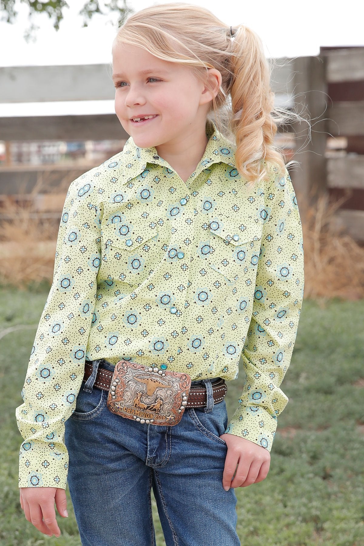 GIRL'S GEOMETRIC PRINT BUTTON-DOWN WESTERN - LIME GREEN