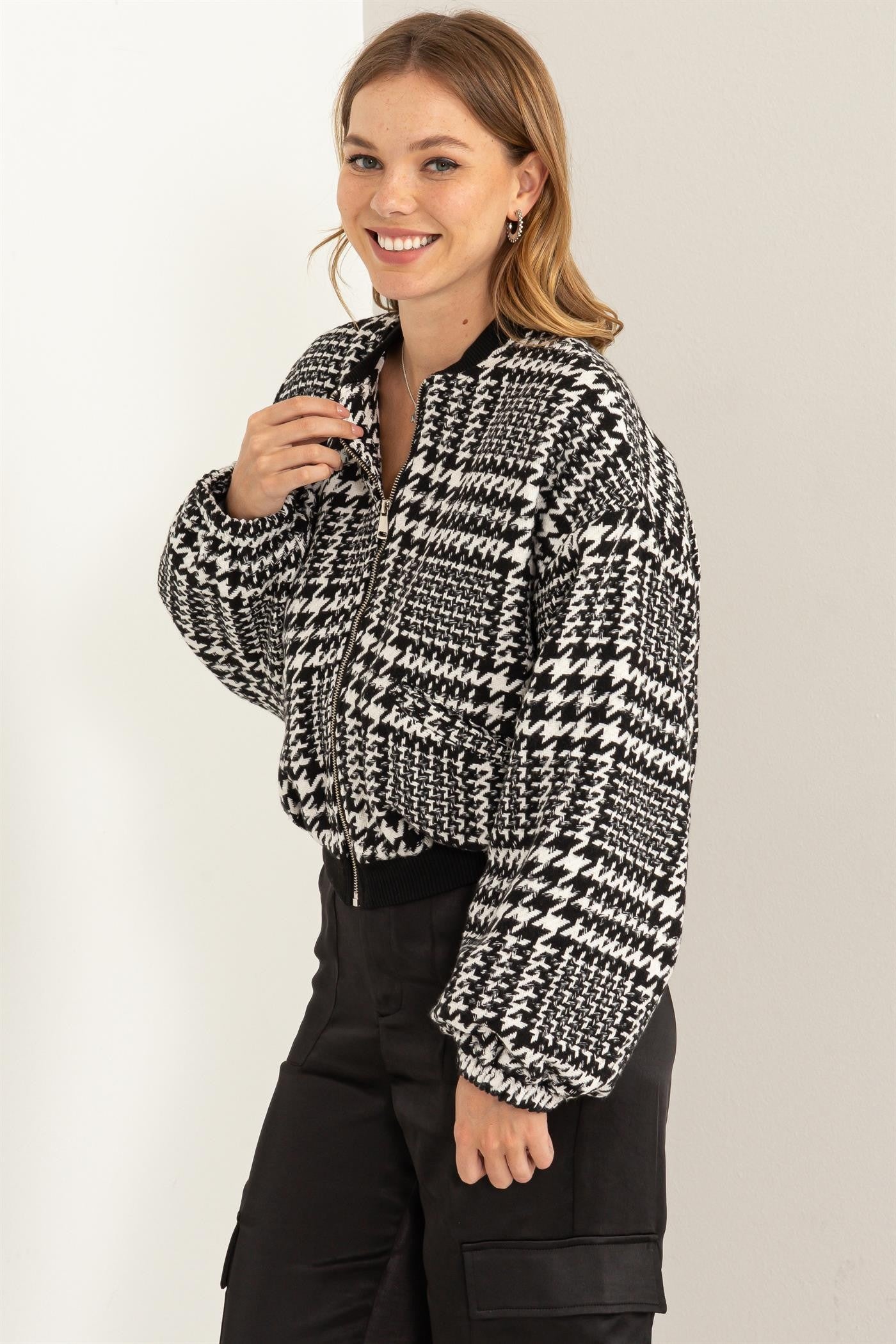 Kylan (Houndstooth Balloon Sleeve Bomber Jacket)