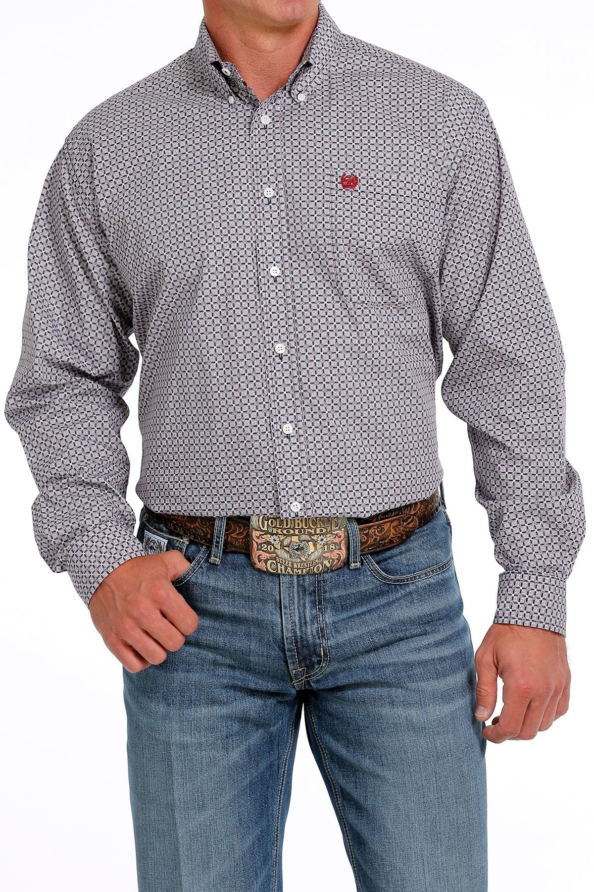 Cinch Mens Geometric Print Button-Down Western Shirt - Blue /Red MTW1105619