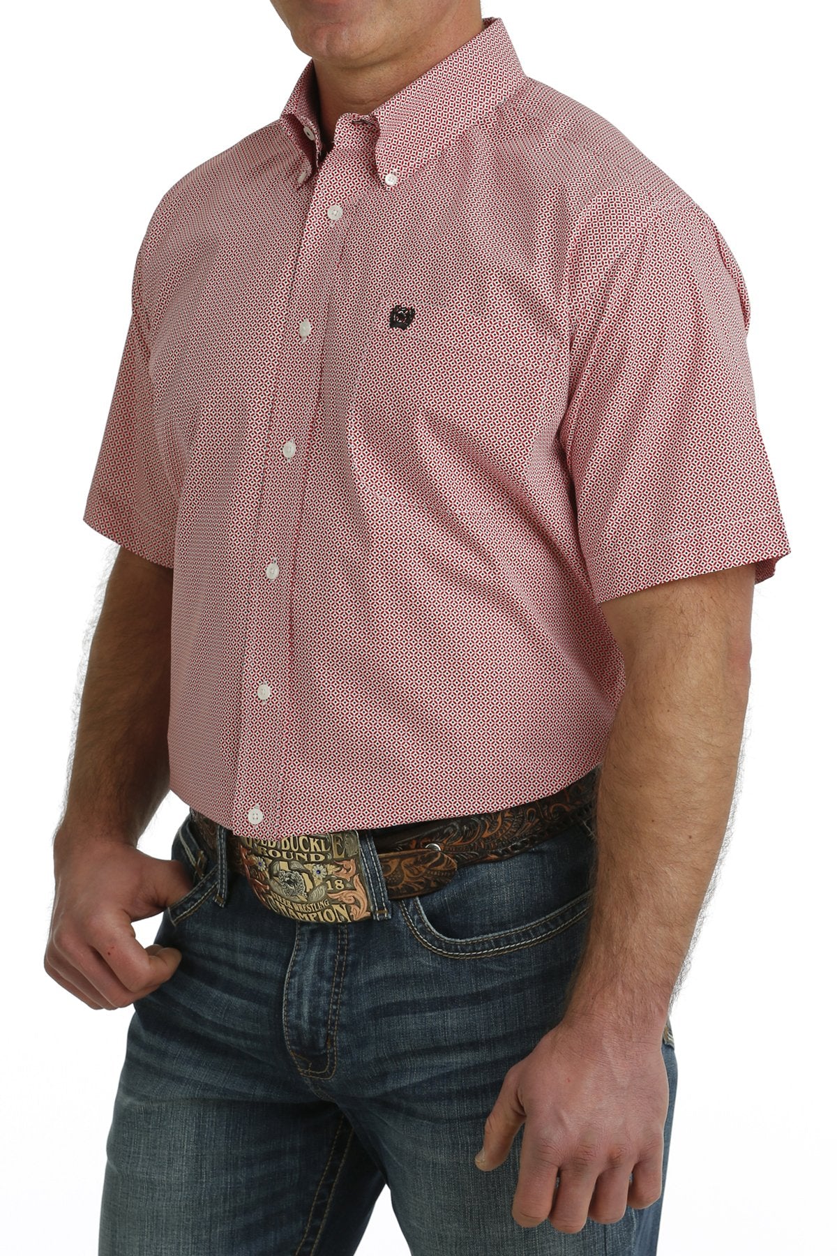 Men's Cinch Geometric Print Short Sleeve Button-Down Western Shirt - Red/White MTW1111449