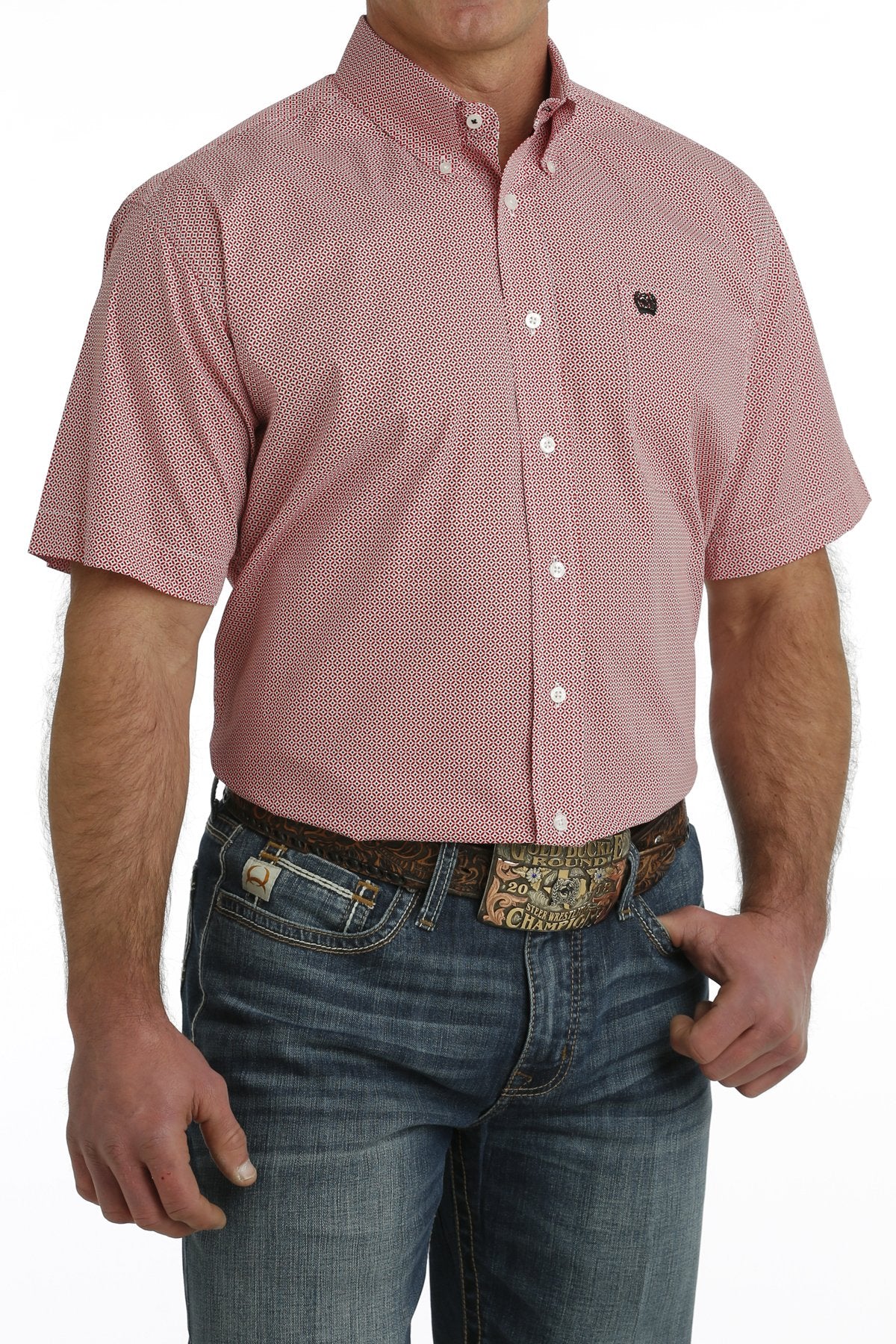 Men's Cinch Geometric Print Short Sleeve Button-Down Western Shirt - Red/White MTW1111449